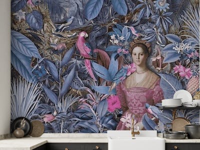 Baroque Lady With Parrots In The Jungle Blue Pink