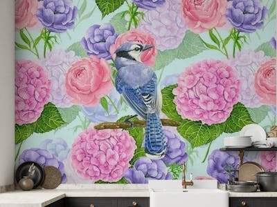 Blue jay and flowers