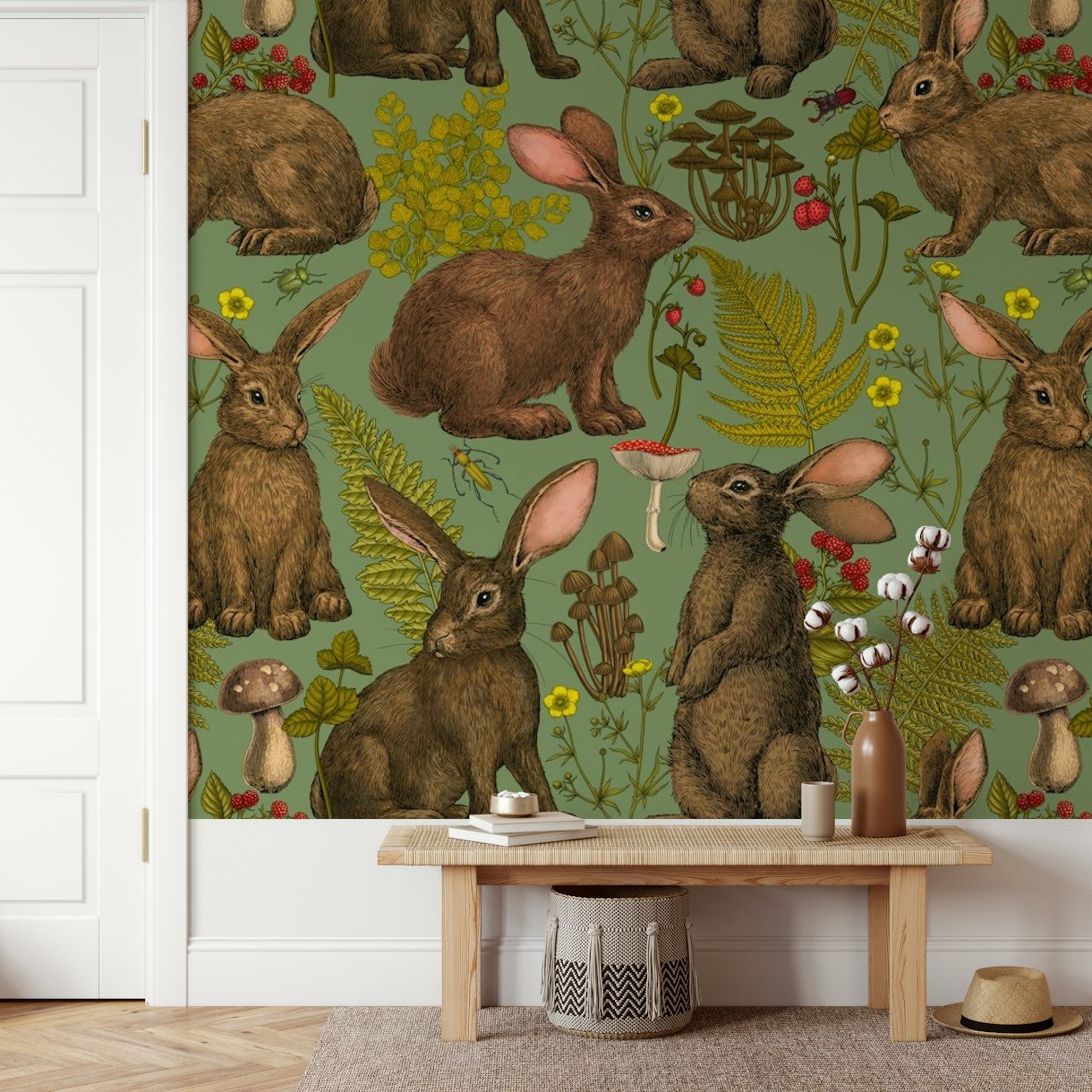Rabbits and woodland flora wallpaper - Happywall
