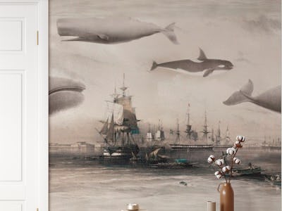 Whales and Ships sepia blue