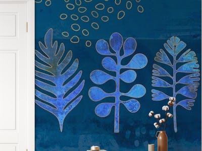Whimsical Plant Shapes Mixed Media Art Blue