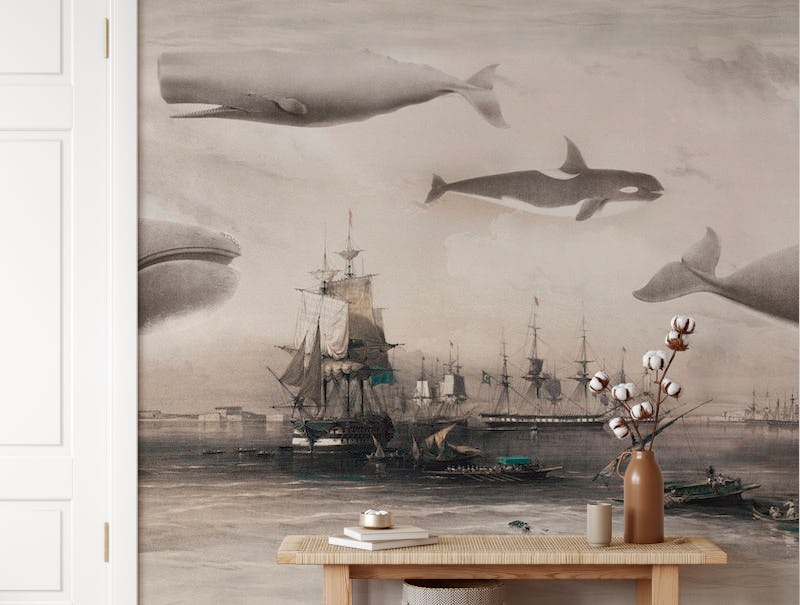 Whales and Ships sepia blue