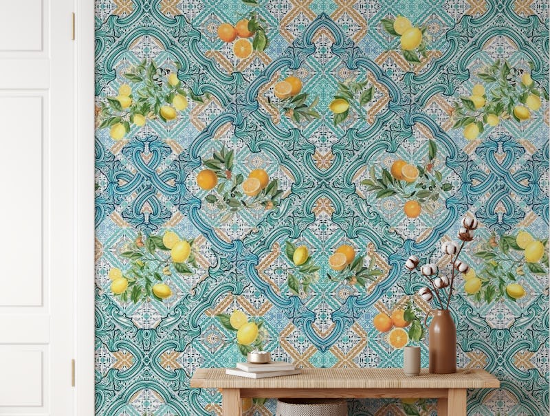Teal tiles and citrus fruit