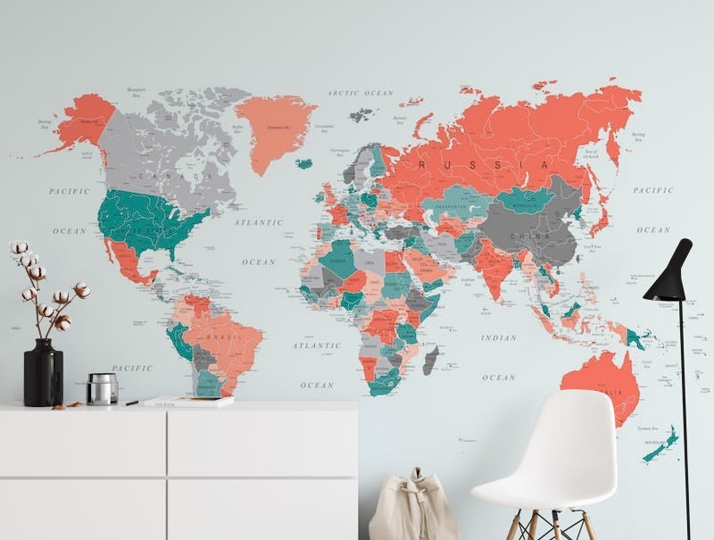 World Map Coral Teal Grey