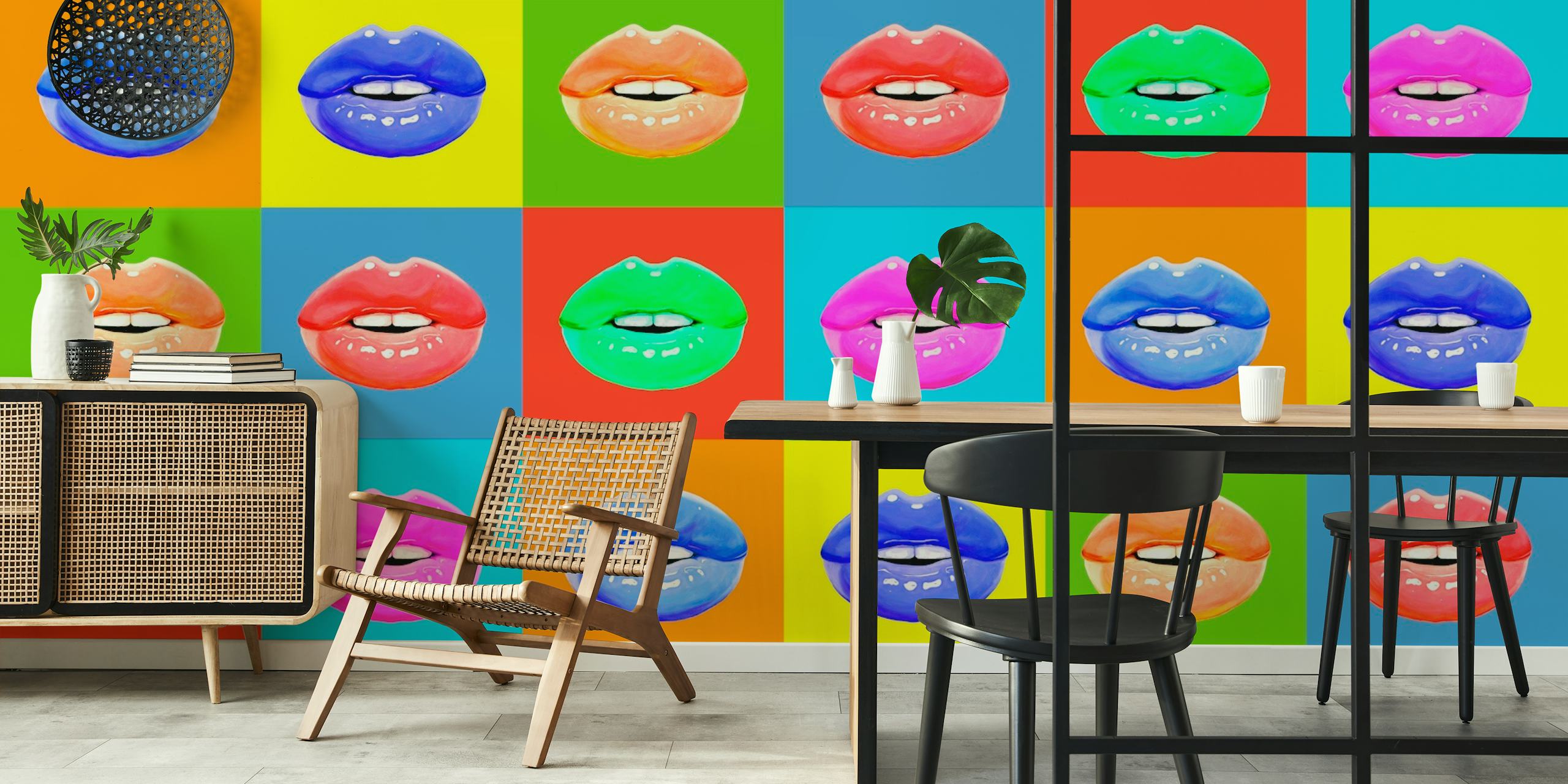 Farbige Lippen Wandbild mit Reihen von mehrfarbigen Lippen auf verschiedenen festen Hintergründen