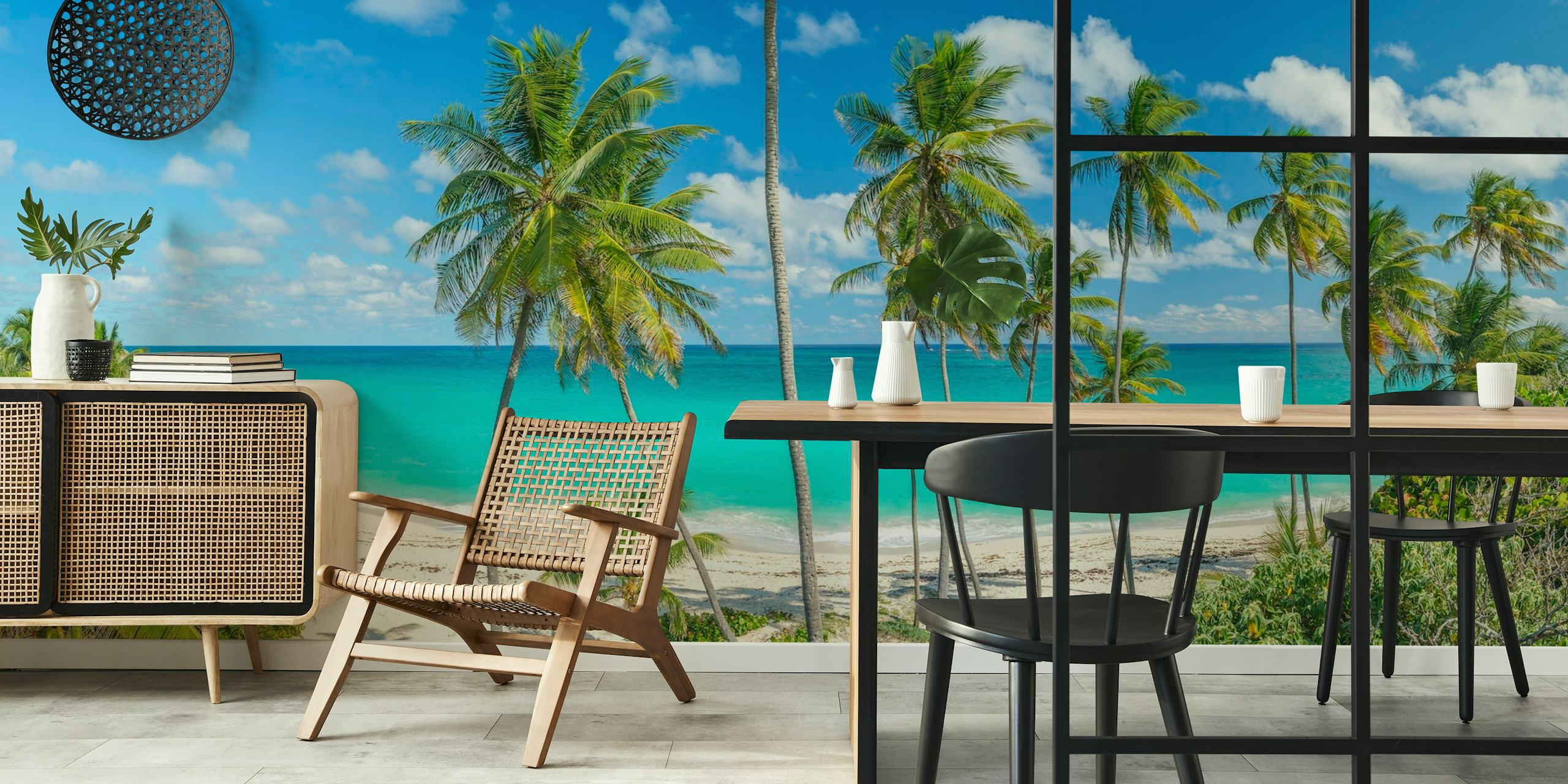 Fotomural vinílico de praia tropical com palmeiras e águas azuis cristalinas