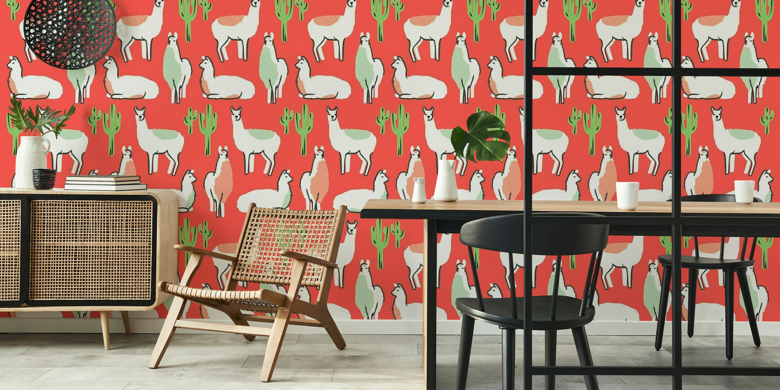 Llamas and cacti patterned wall mural on a red background