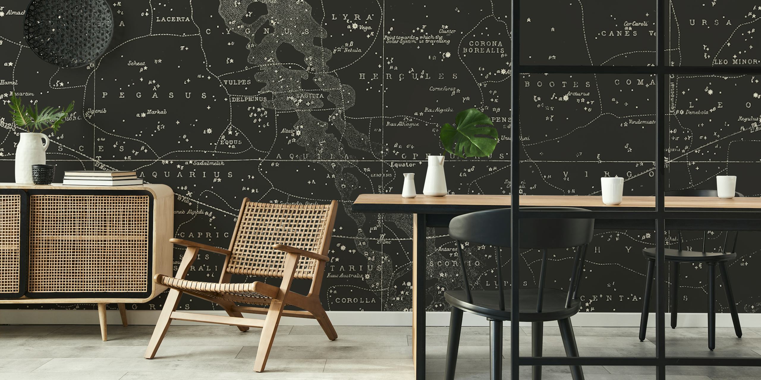 Black and white wall mural featuring zodiac signs and constellations for interior decor