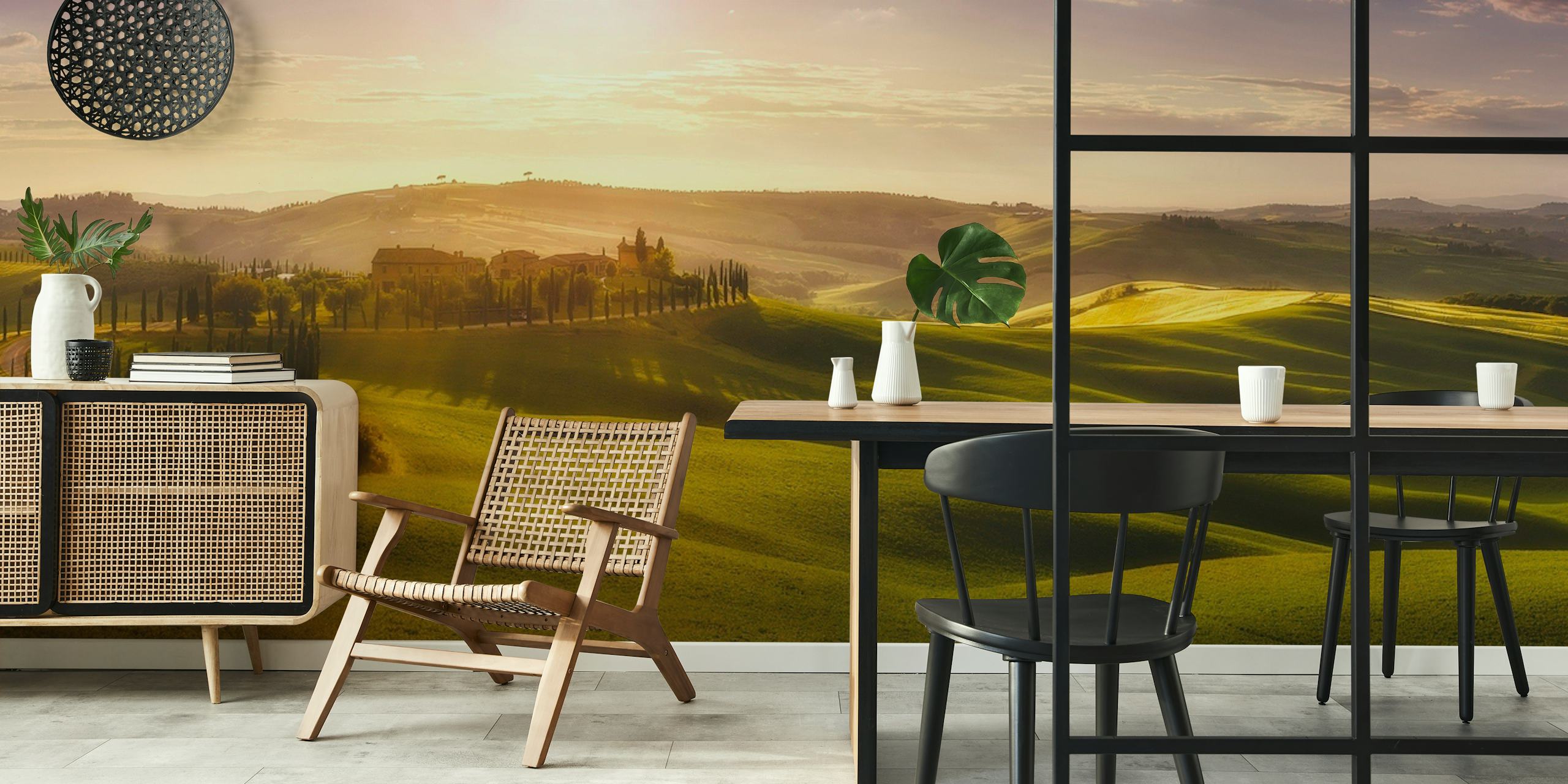 Panoramic wall mural depicting rolling hills under a glowing sky with hues of green and gold.