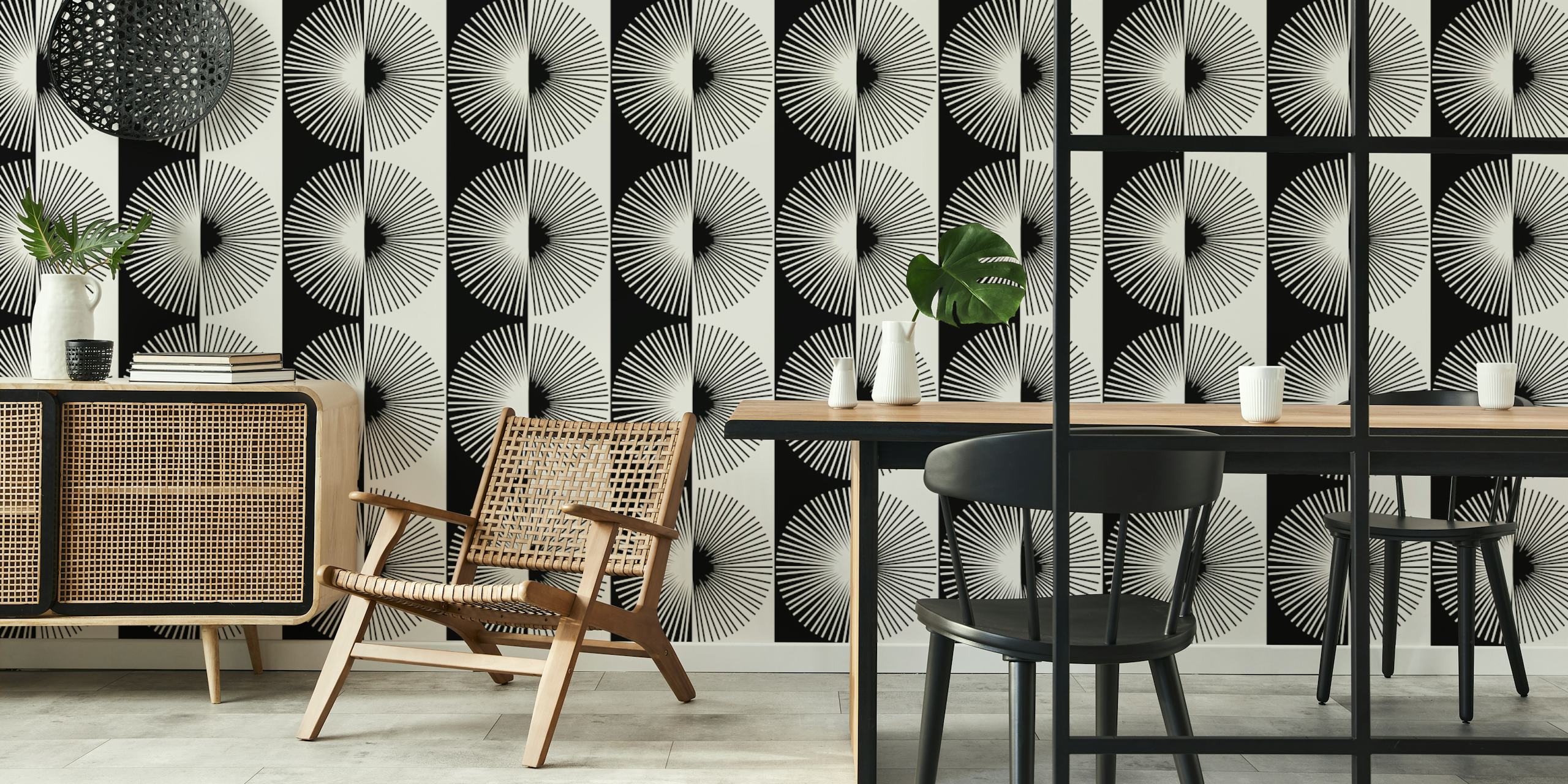Black and white geometric pattern wallpaper with circular designs