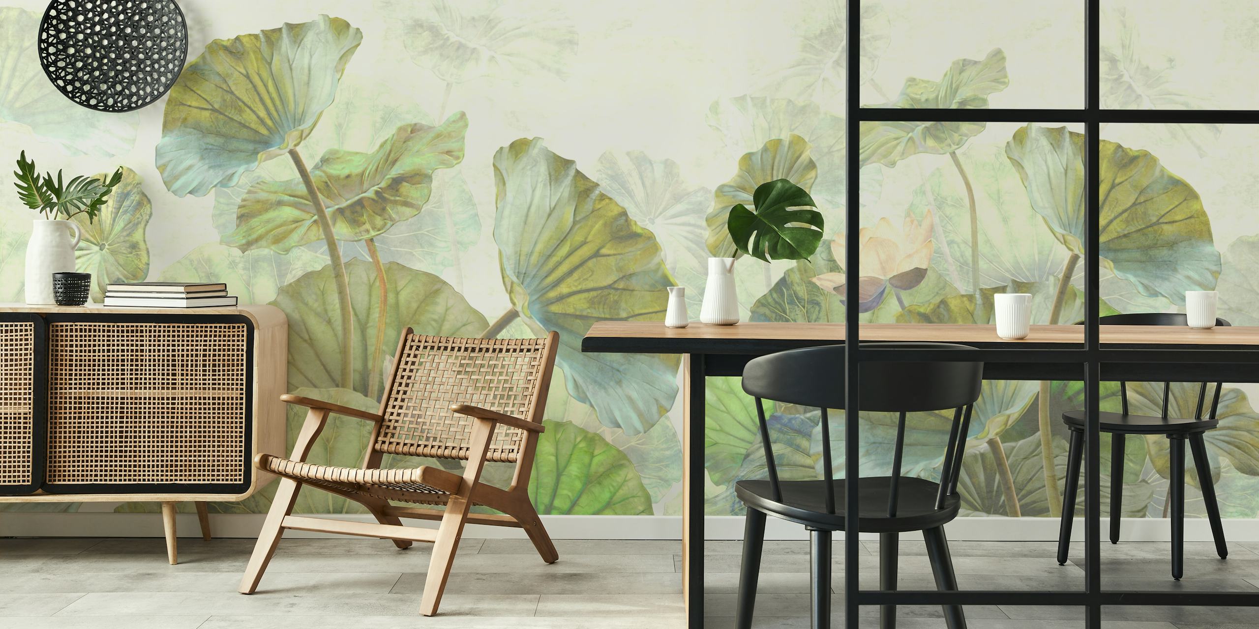Lotus leaves and flowers in green hues, floral wallpaper