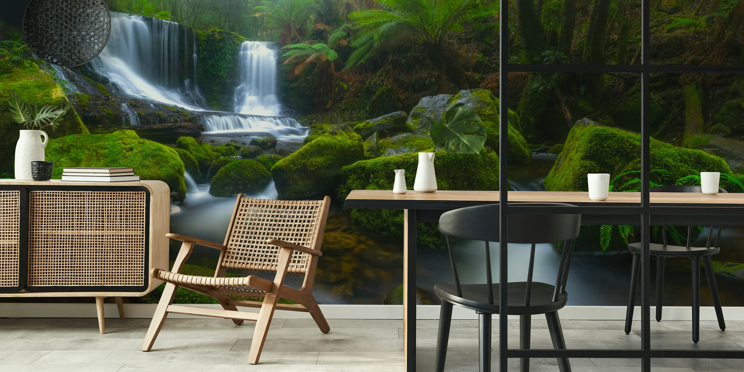 Horseshoe-shaped waterfall with lush greenery wall mural
