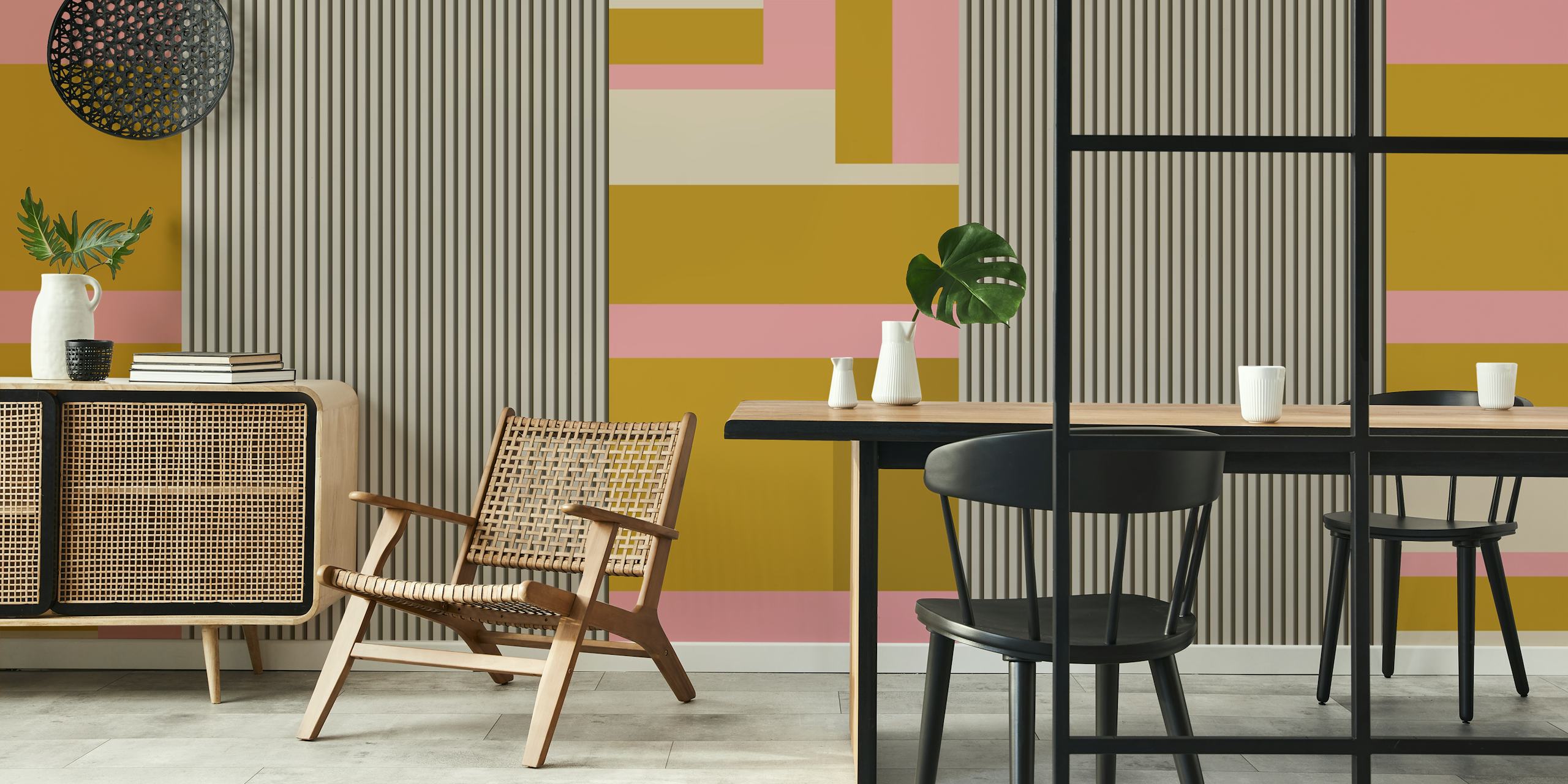 Abstract striped wallpaper in pink, gold, and cream tones