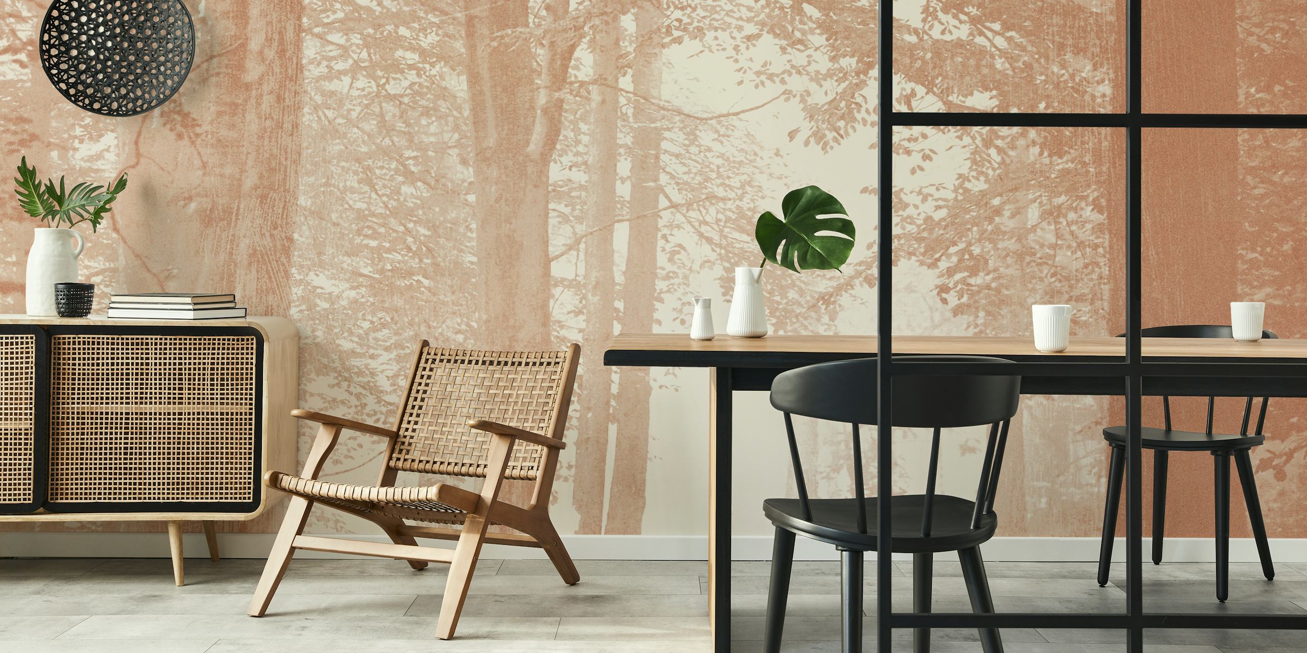 Brown forest silhouette wallpaper with soft light and trees