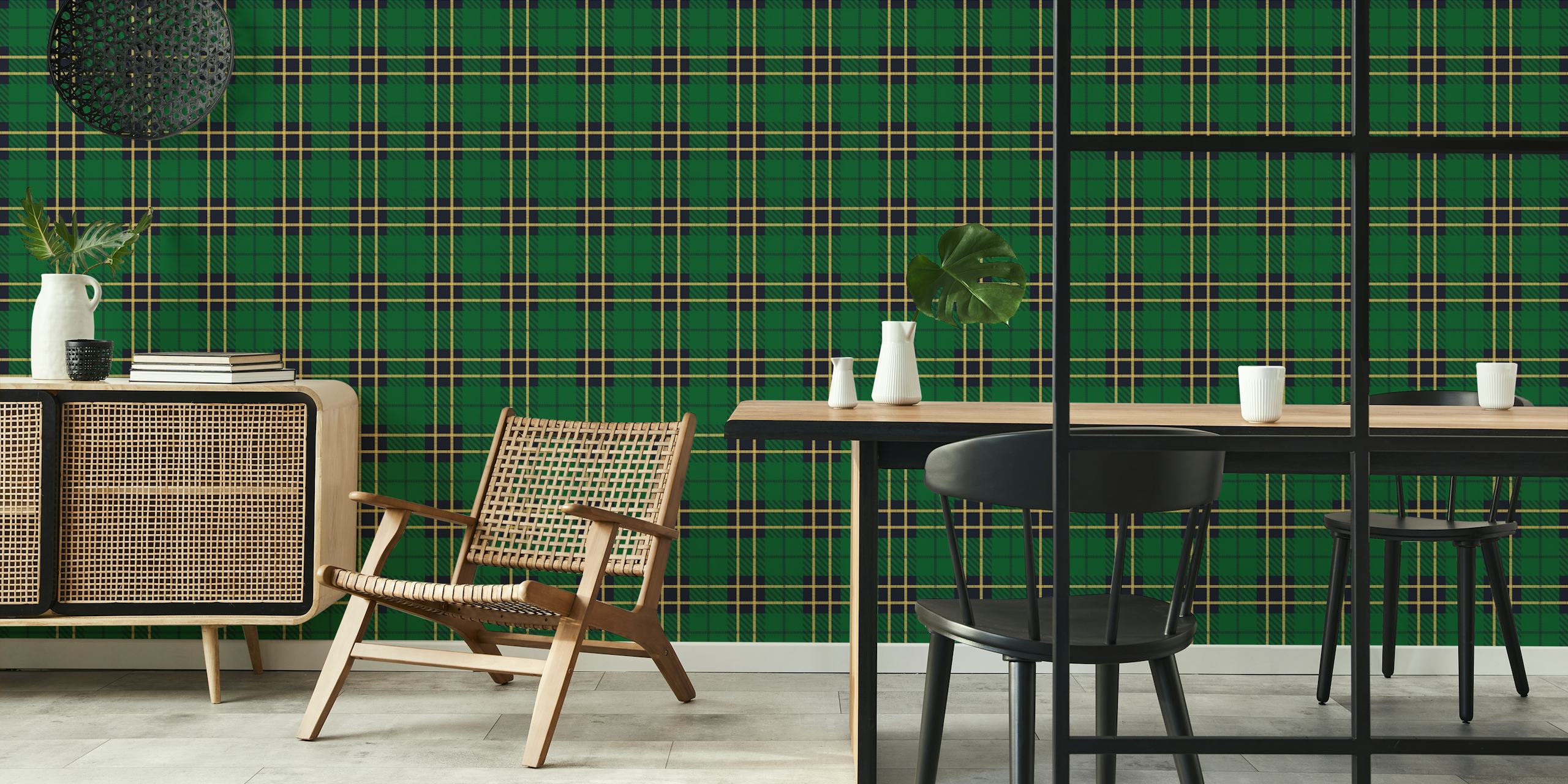 Carta da parati Green Plaid Classic in una stanza interna