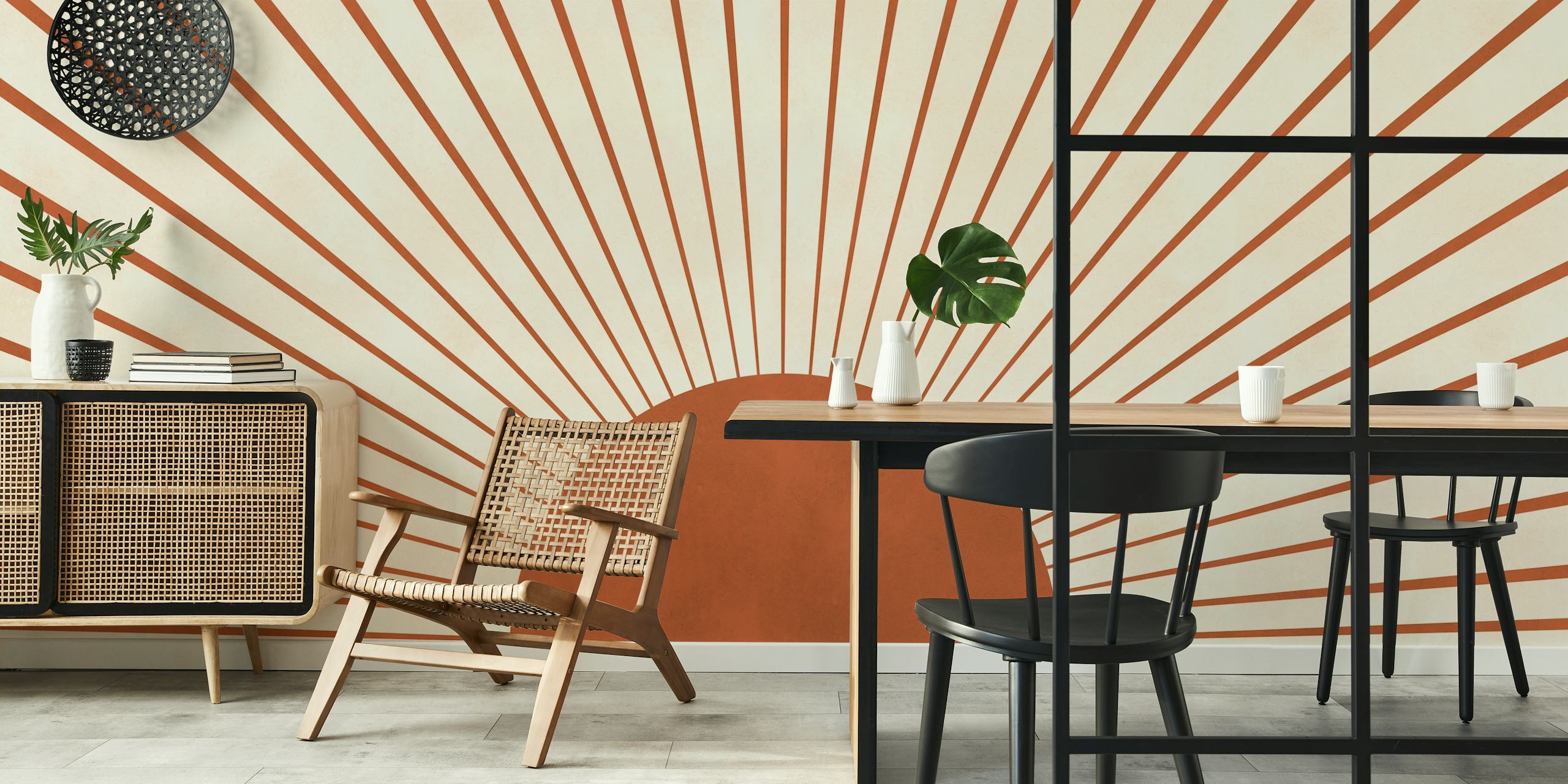 Warm tones sunburst geometric wallpaper with radial lines