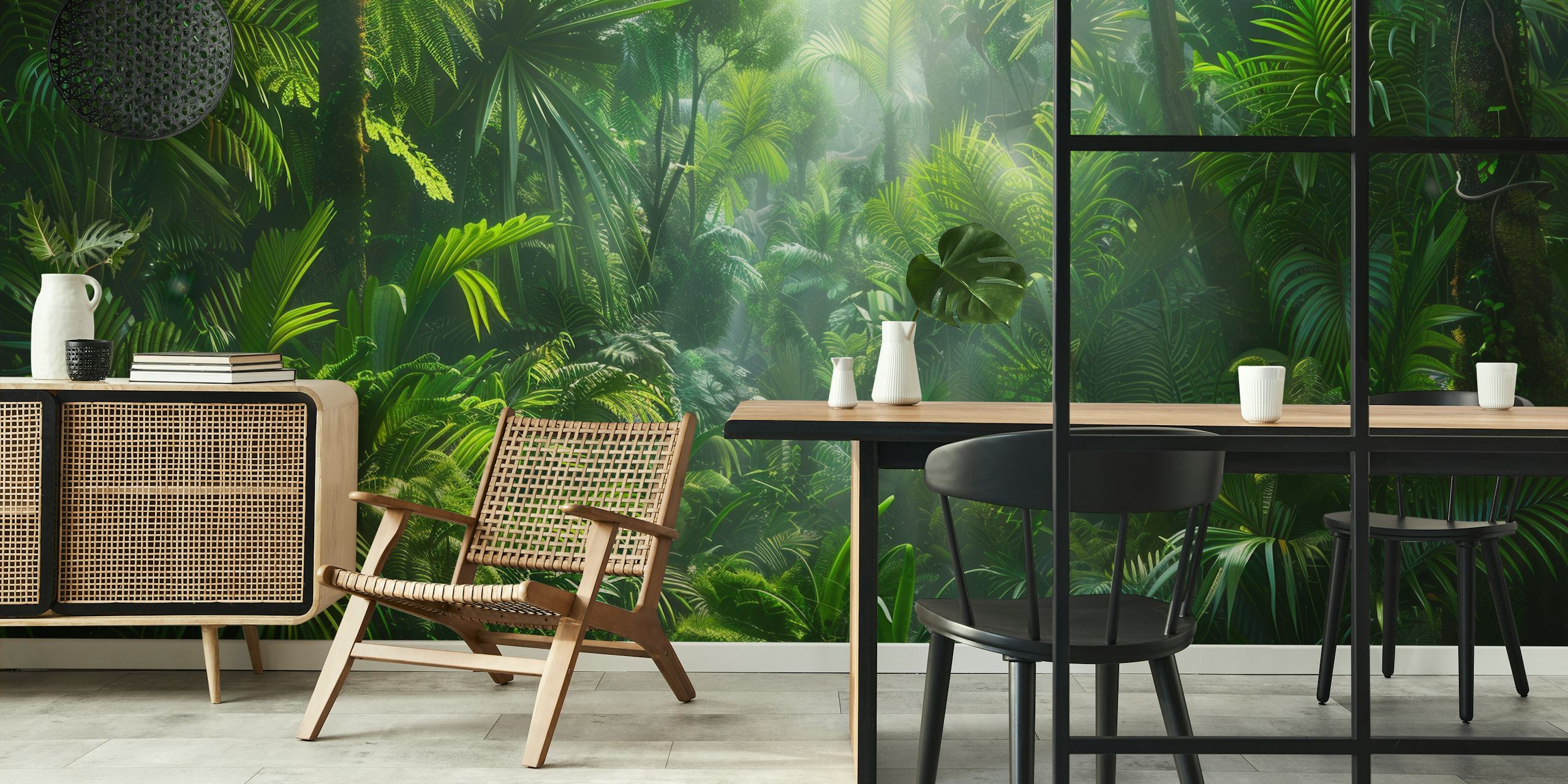 Lush green tropical jungle foliage wallpaper