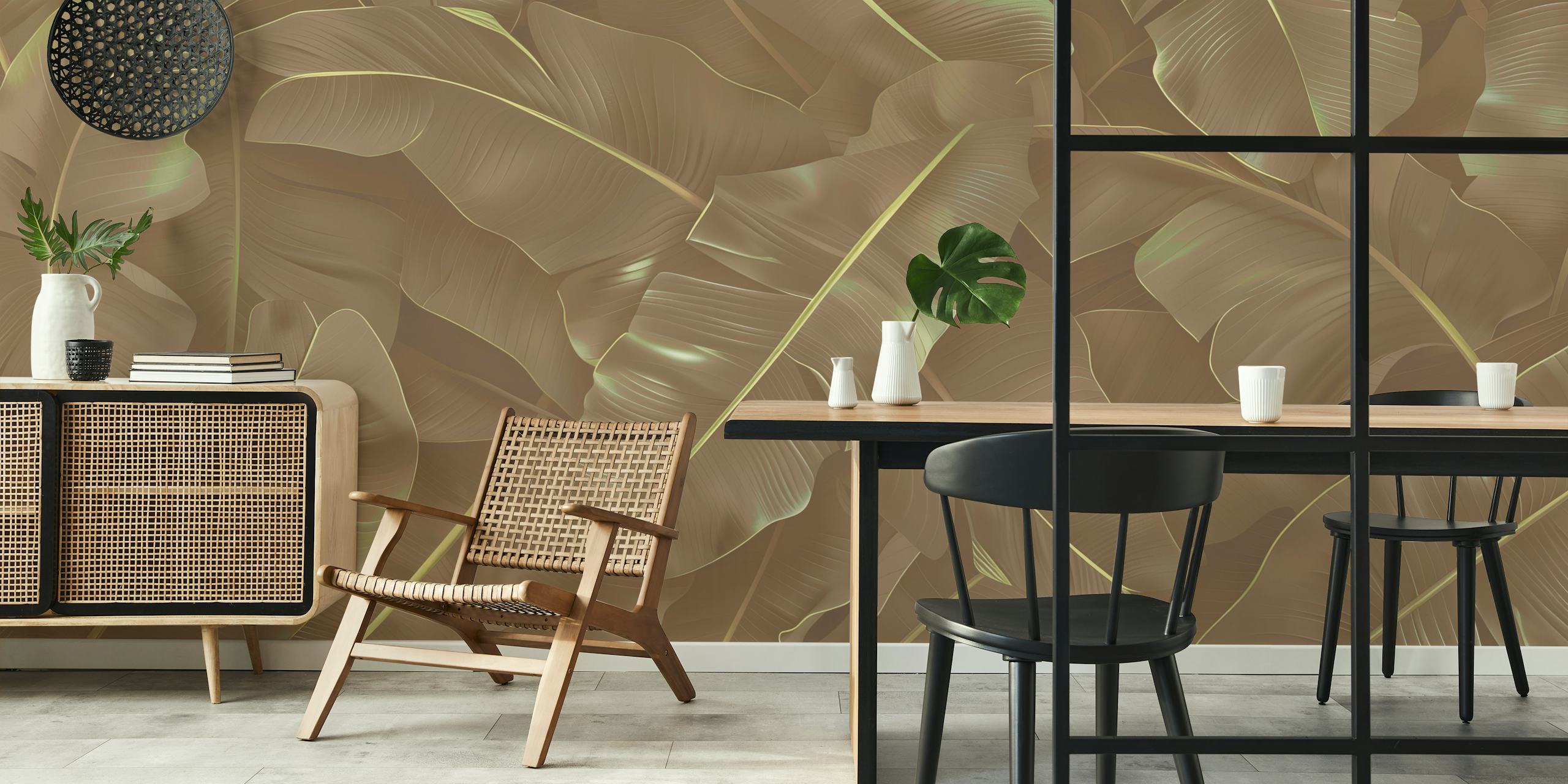 Gold tropical leaves on a textured background wallpaper