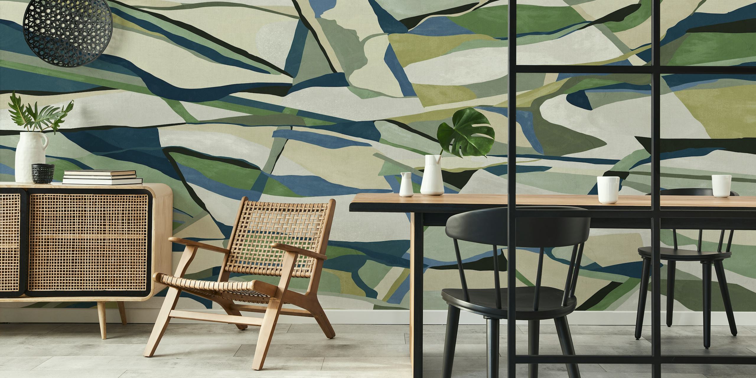 Abstract geometric patterns in beige, green, and blue wallpaper