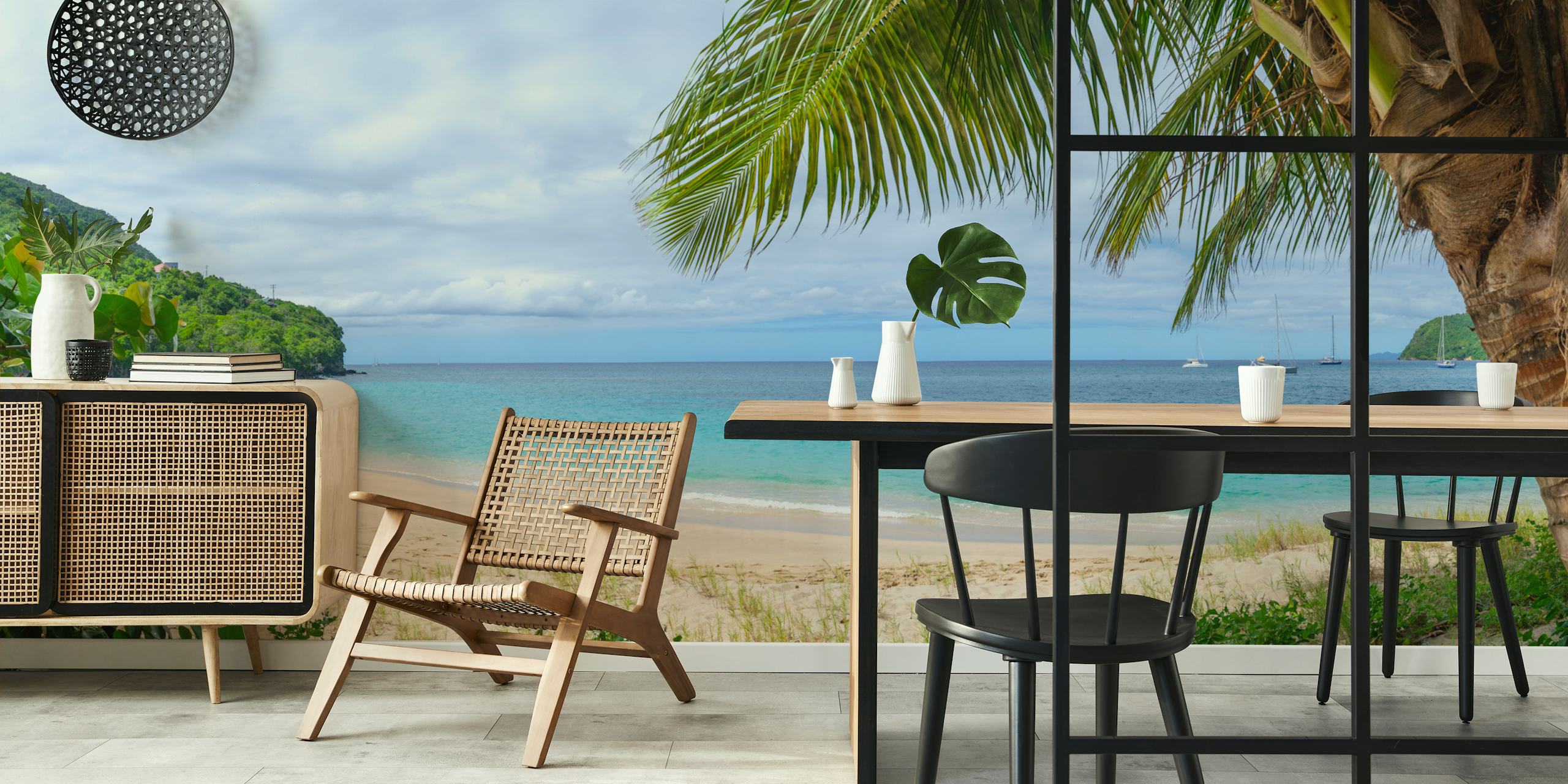Tropical beach scene with palm trees and turquoise waters wallpaper