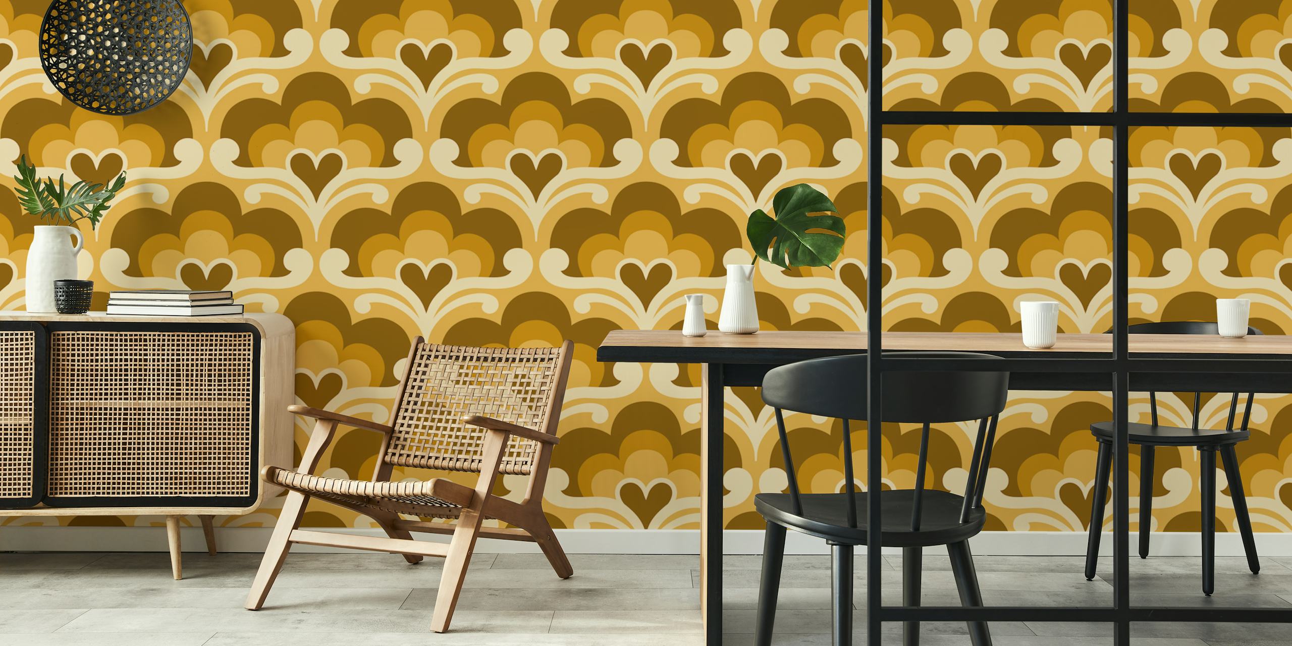 Golden Retro Blossoms wallpaper in a room