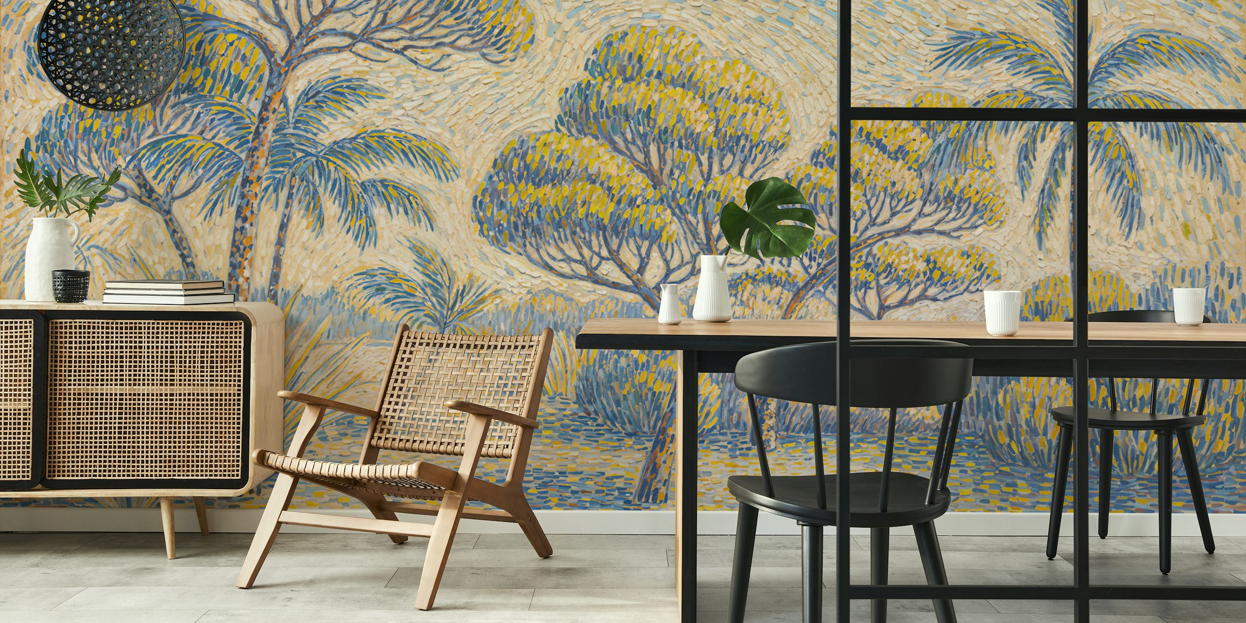 Tropical forest scene with blue and yellow foliage wallpaper