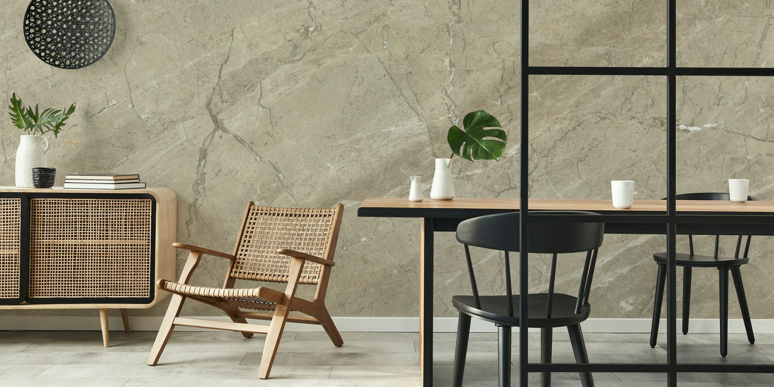 Natural marble wallpaper in beige tones with gray veins