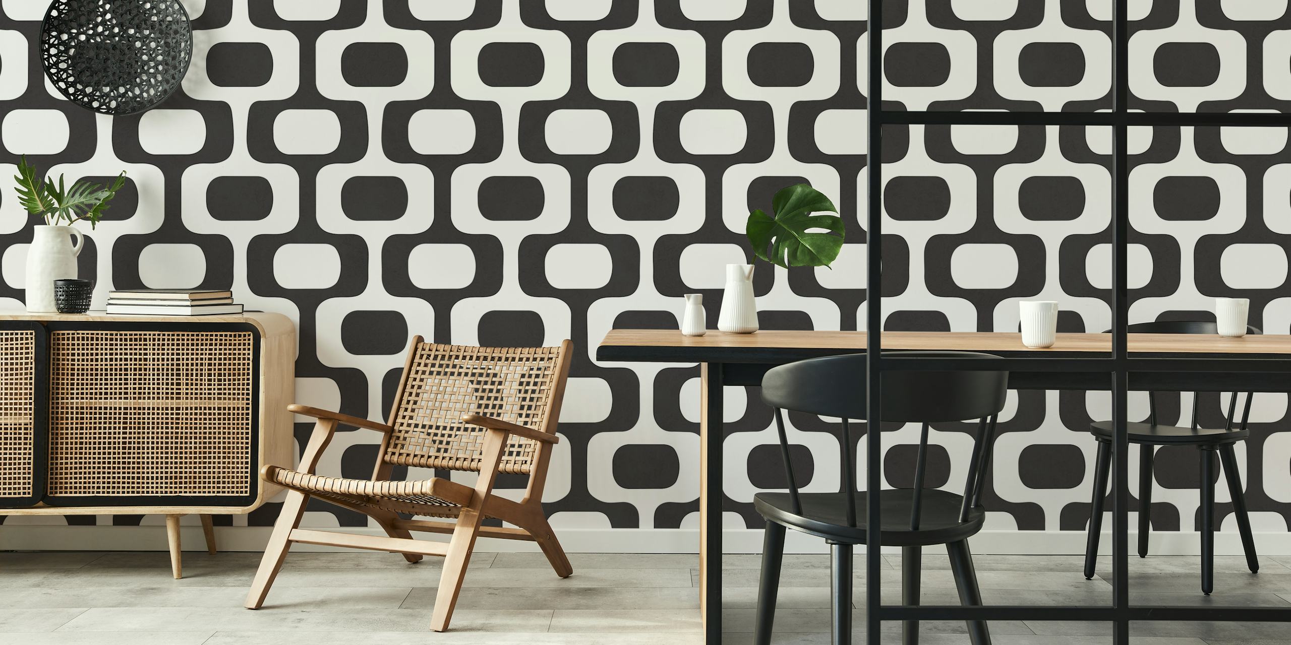 Bold Black and White Grid tapetti huoneessa