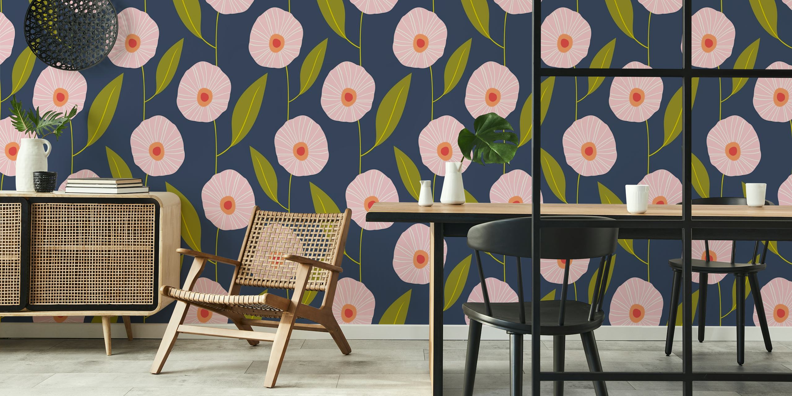 Pink flowers with green leaves on a dark blue background wallpaper