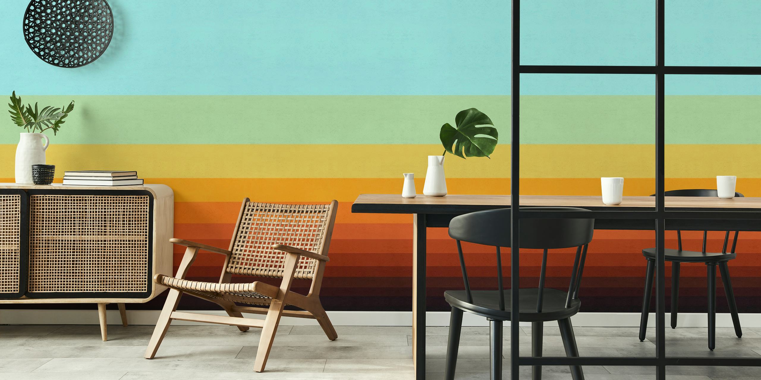 Abstract gradient landscape wall mural with horizontal stripes transitioning from warm orange to cool teal blue