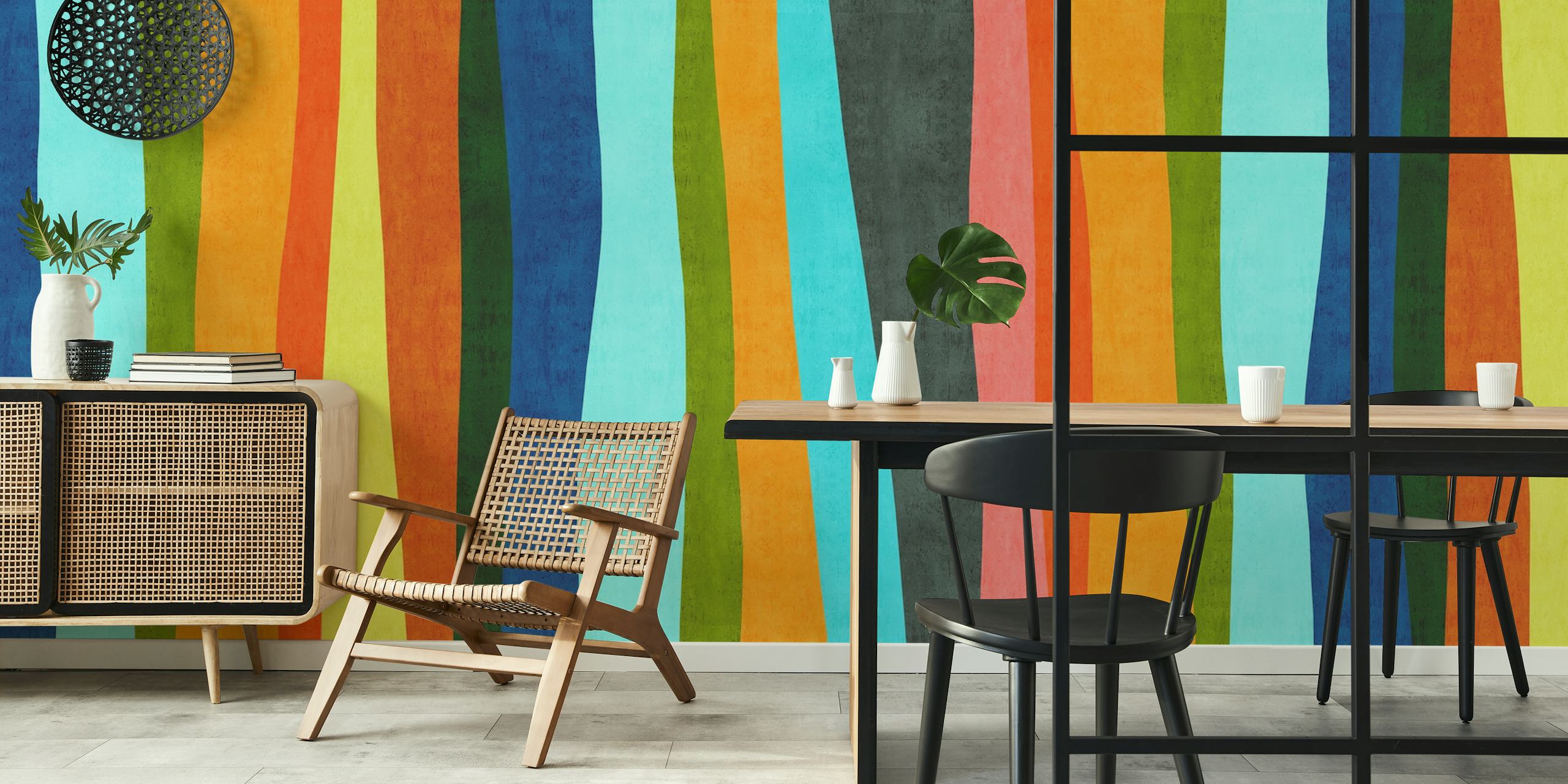 Colorful vertical brush strokes in blue, orange, green, and yellow wallpaper