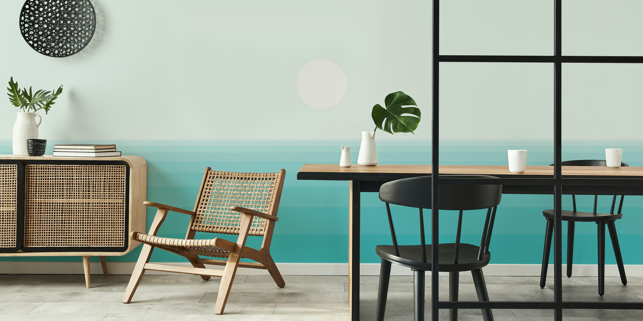 Gradient waves in shades of blue and teal with a white sun wallpaper