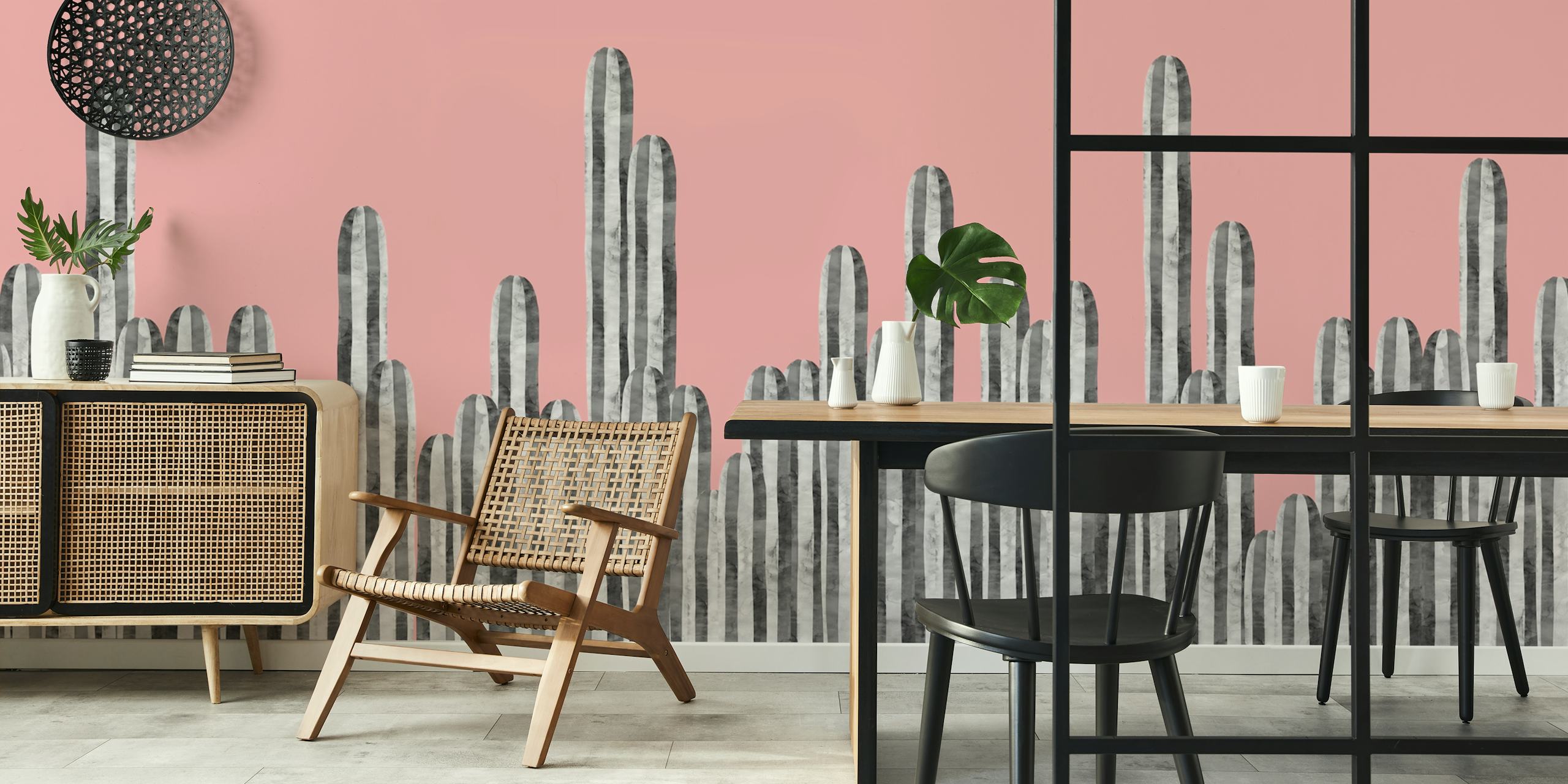 Abstract cactus landscape with black striped cacti on pink background wallpaper