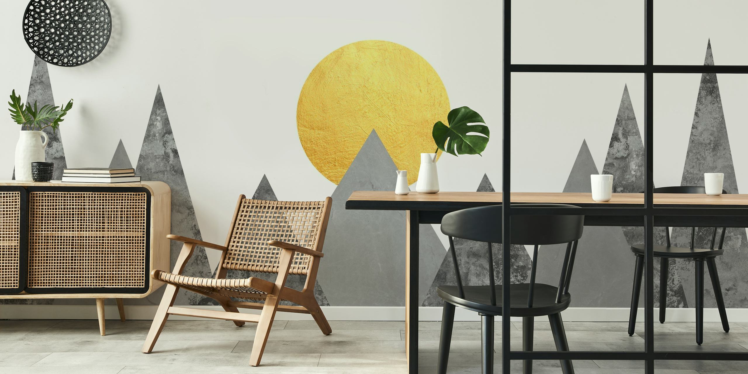 Abstract mountains wall mural with marble texture and gold sun