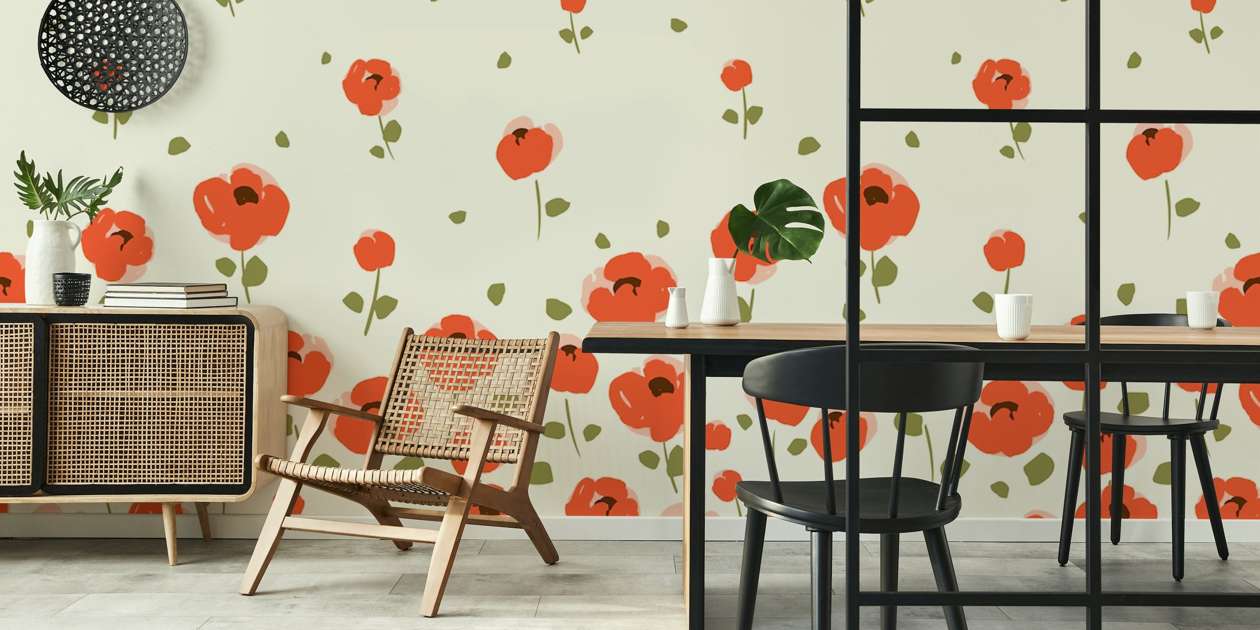 Red flowers with green leaves on light background wallpaper
