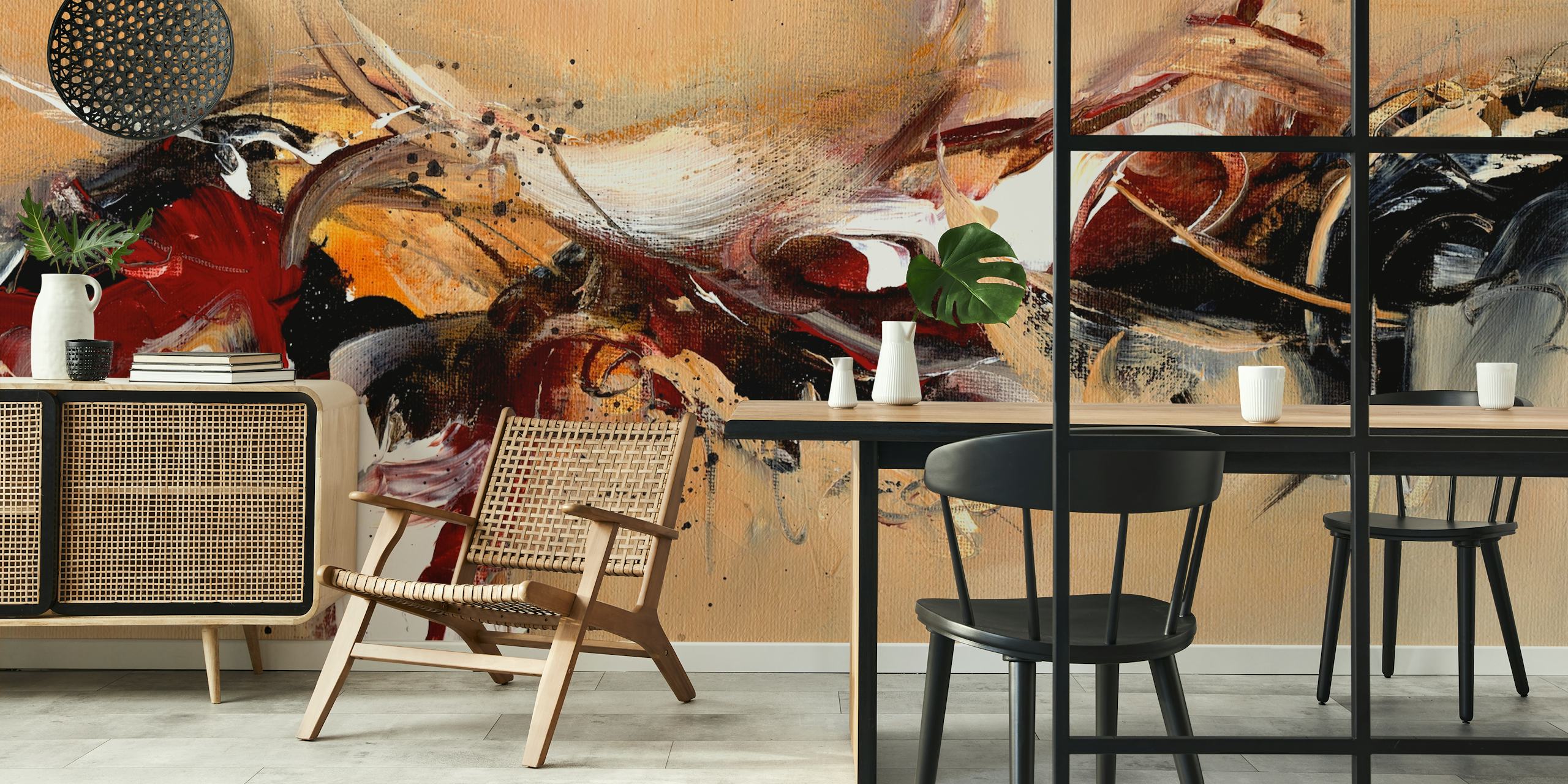 Abstract red, black, and beige design wallpaper