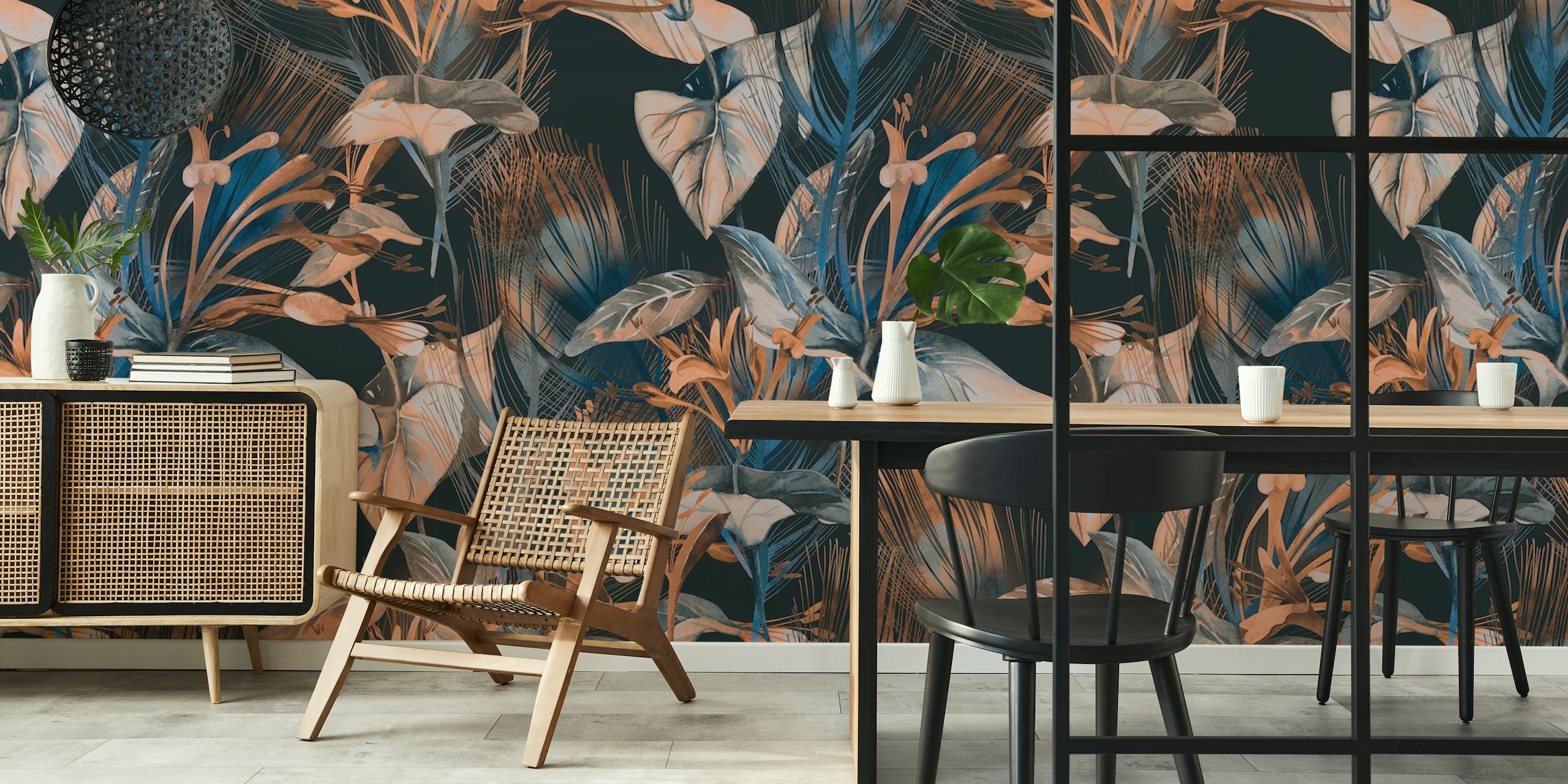 Flowpan floral wall mural in brown and blue tones