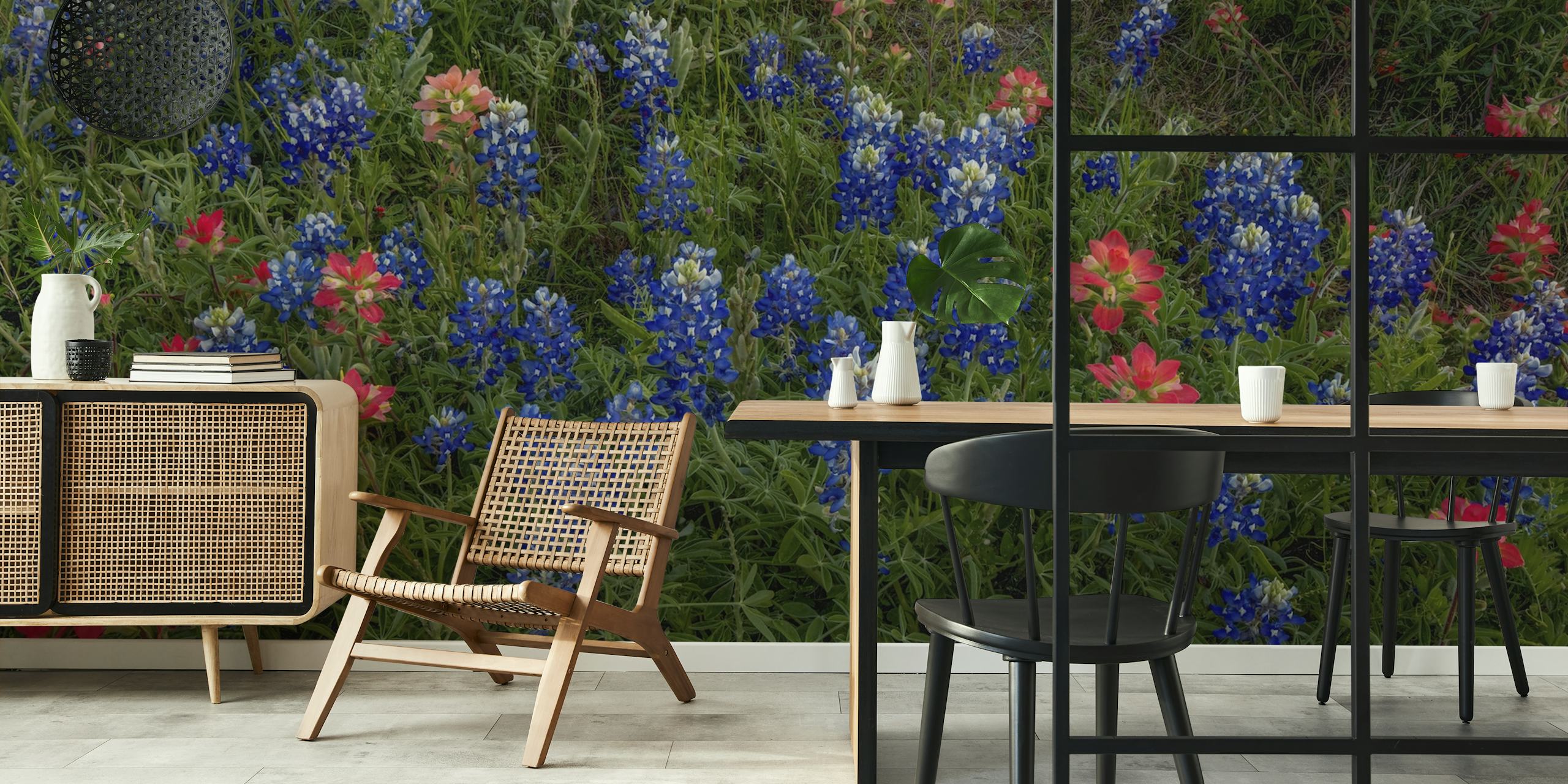 Bluebonnet flowers with pink accents in green foliage wallpaper