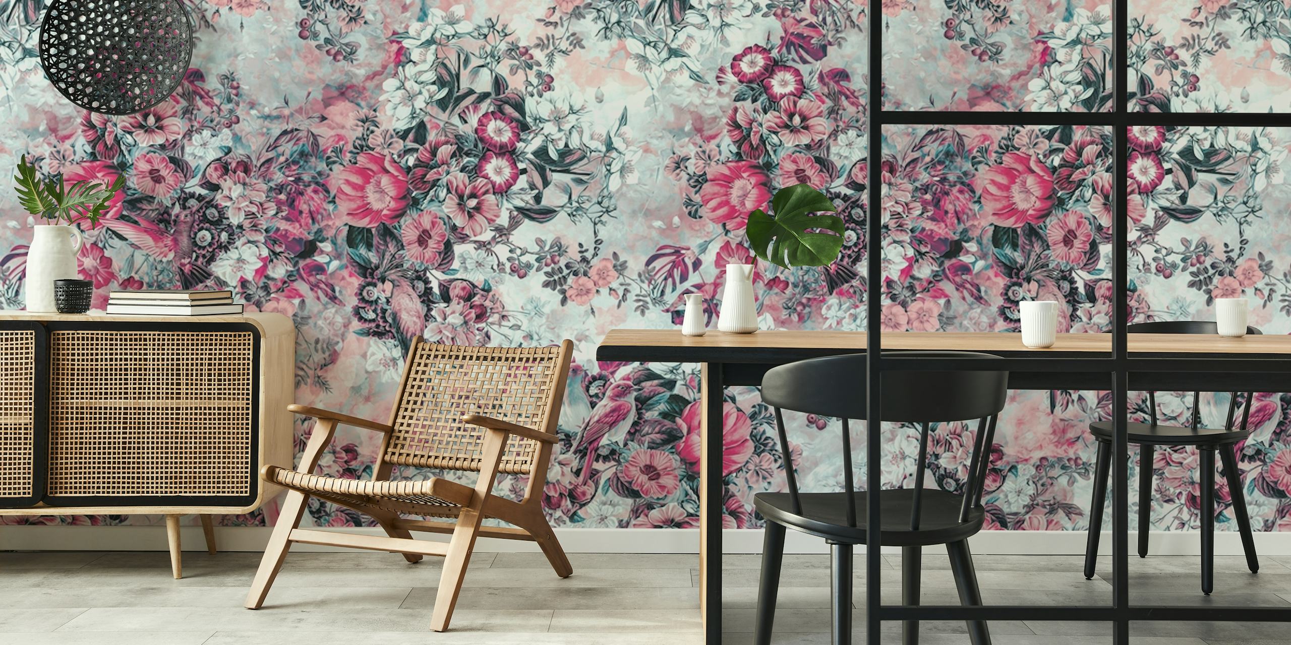 Birds surrounded by pink flowers and greenery in a vintage floral wallpaper