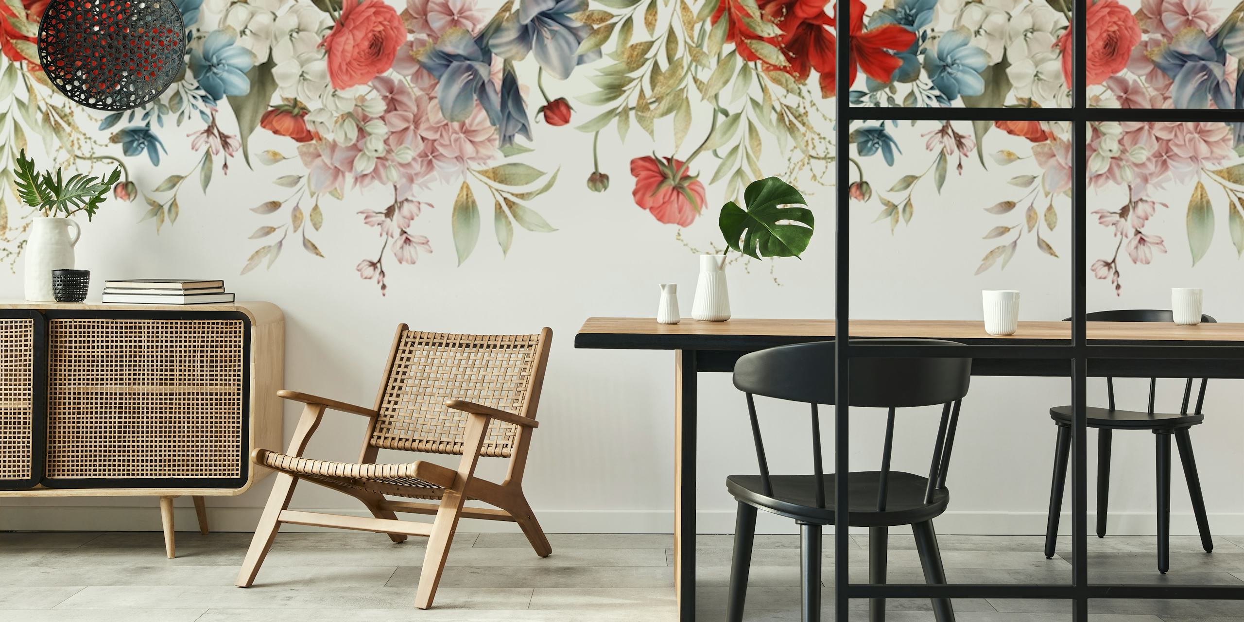 Colorful floral border design with red, pink, blue flowers and greenery wallpaper