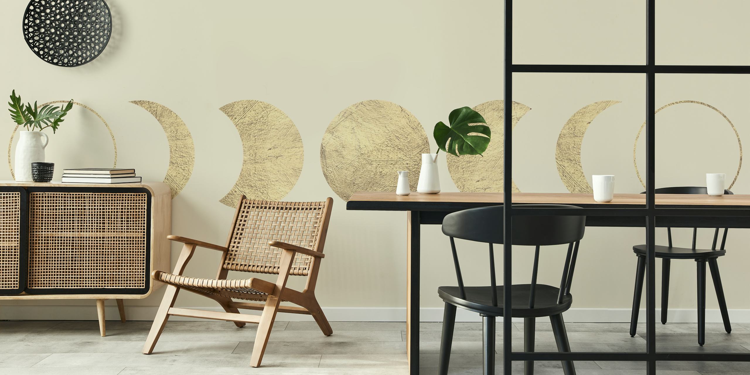 Gold moon phases design on a soft beige background wallpaper