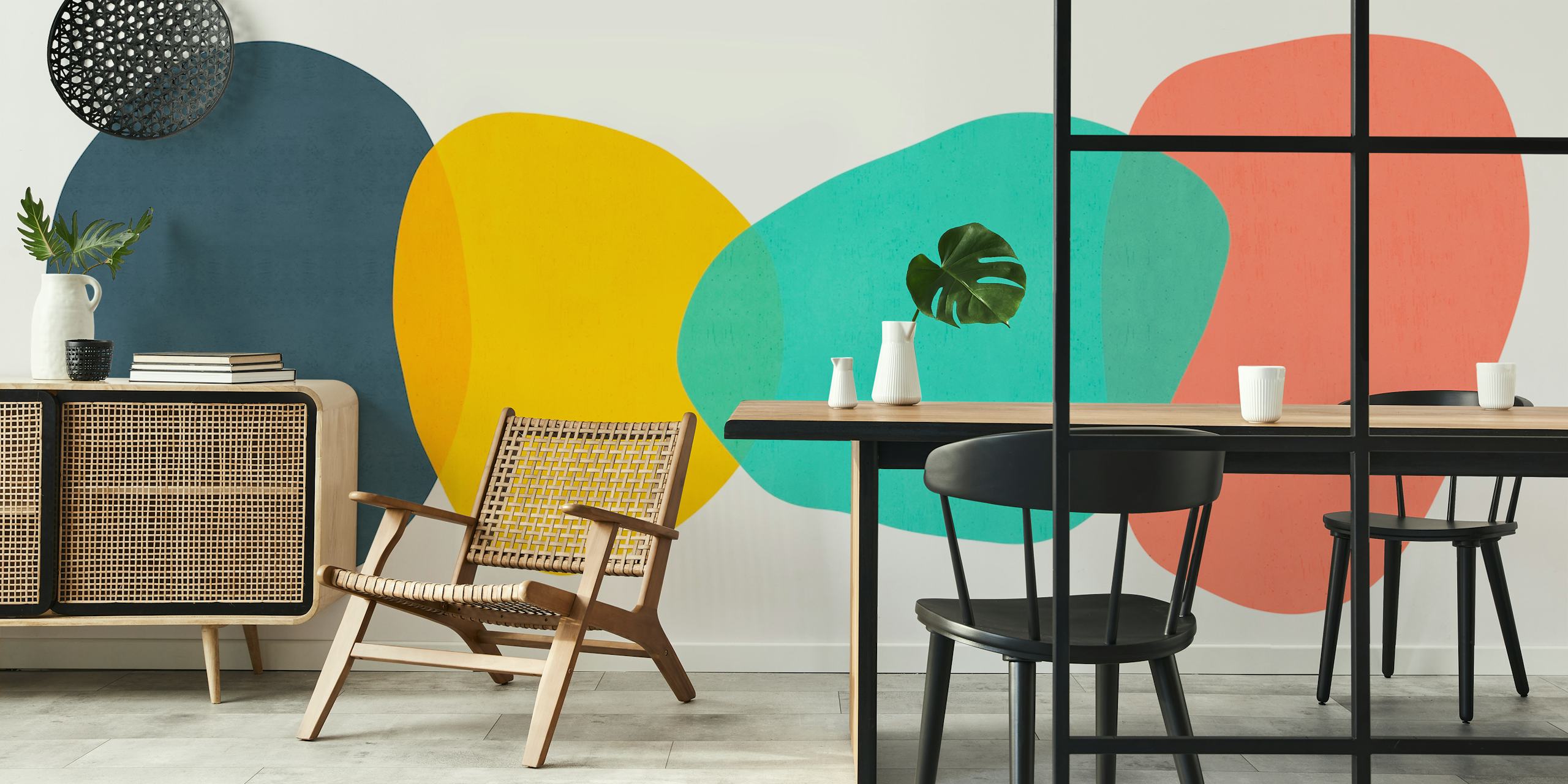 Colorful abstract shapes in blue, yellow, green, and coral wallpaper