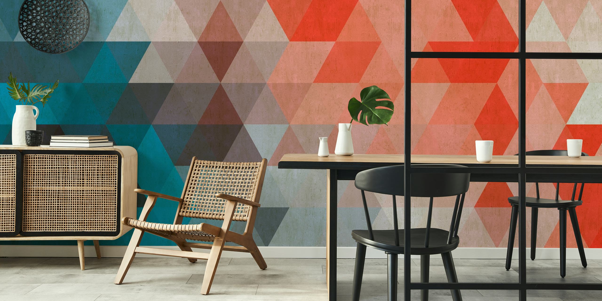 Geometric pattern with blue and red triangles wallpaper