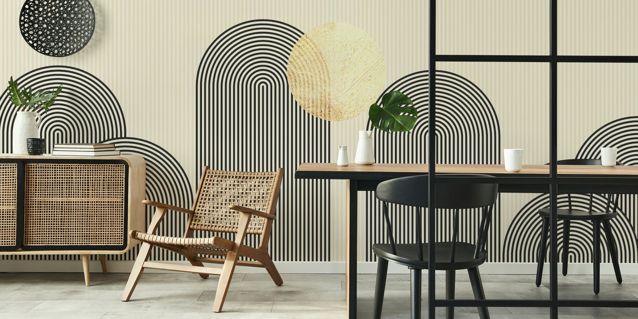 Landscape in lines wallpaper in a room