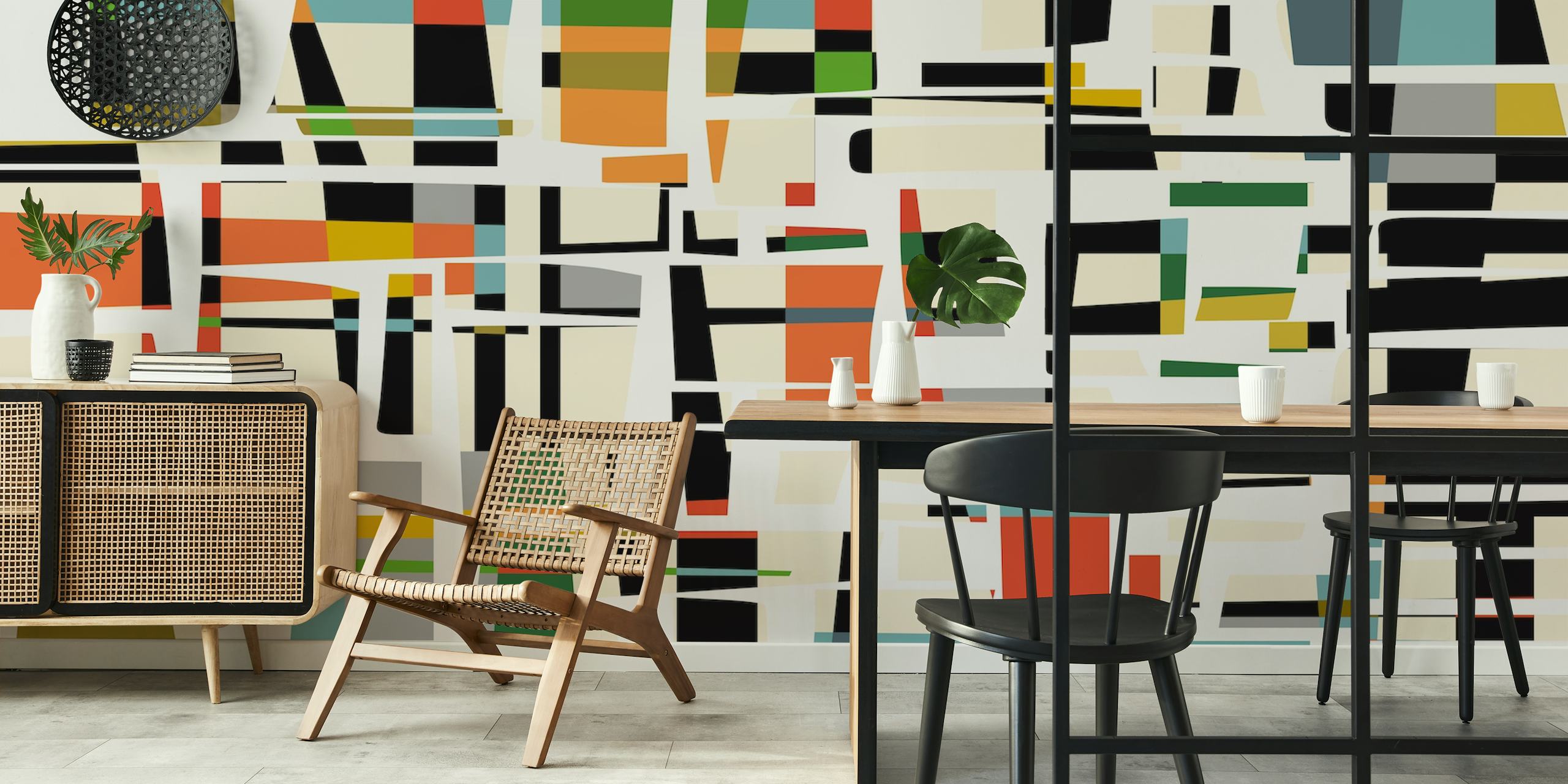 Colorful geometric shapes in various colors on a neutral background wallpaper