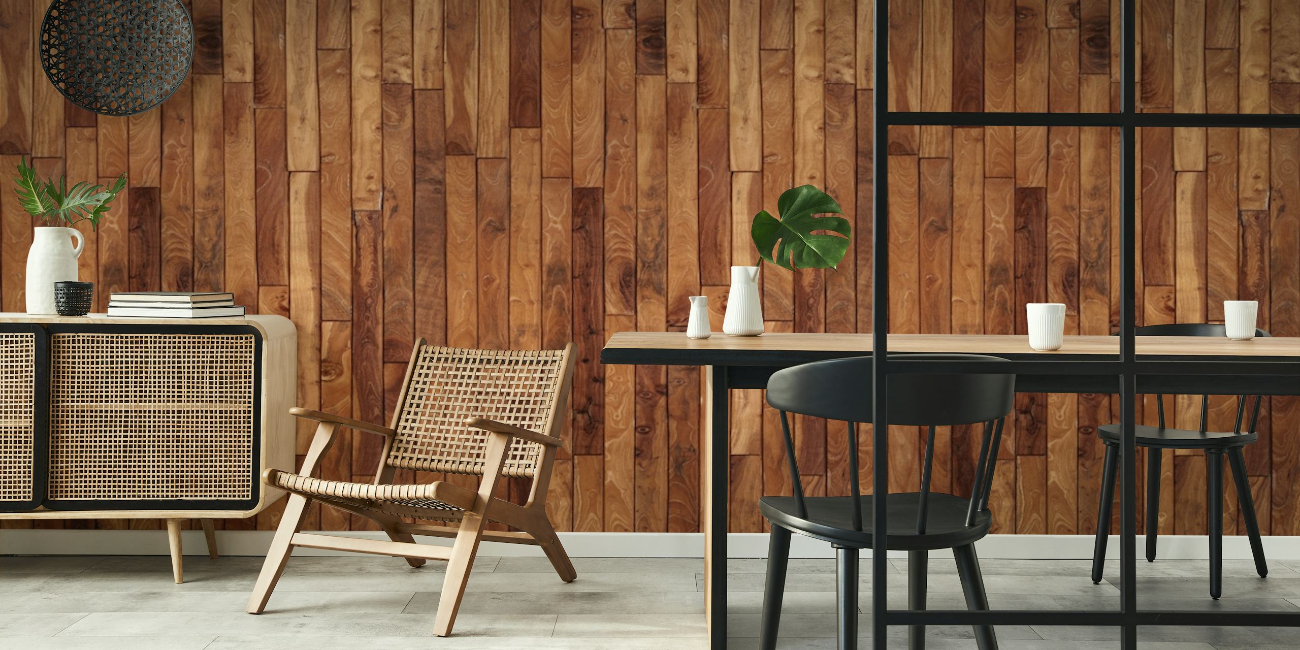 Rustic wooden plank wallpaper in various brown hues, textured design