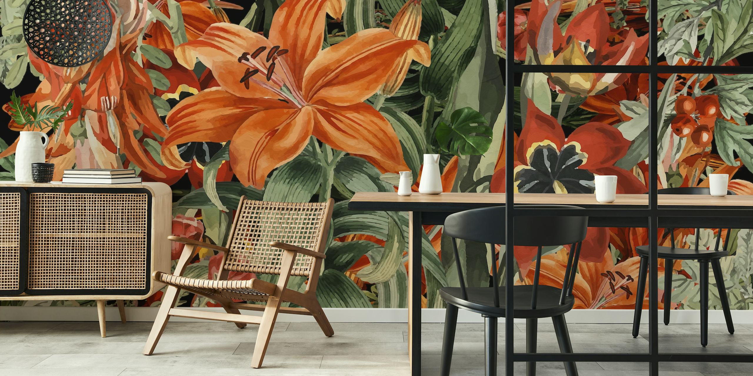 Papel pintado Floral Orange Black en una habitación