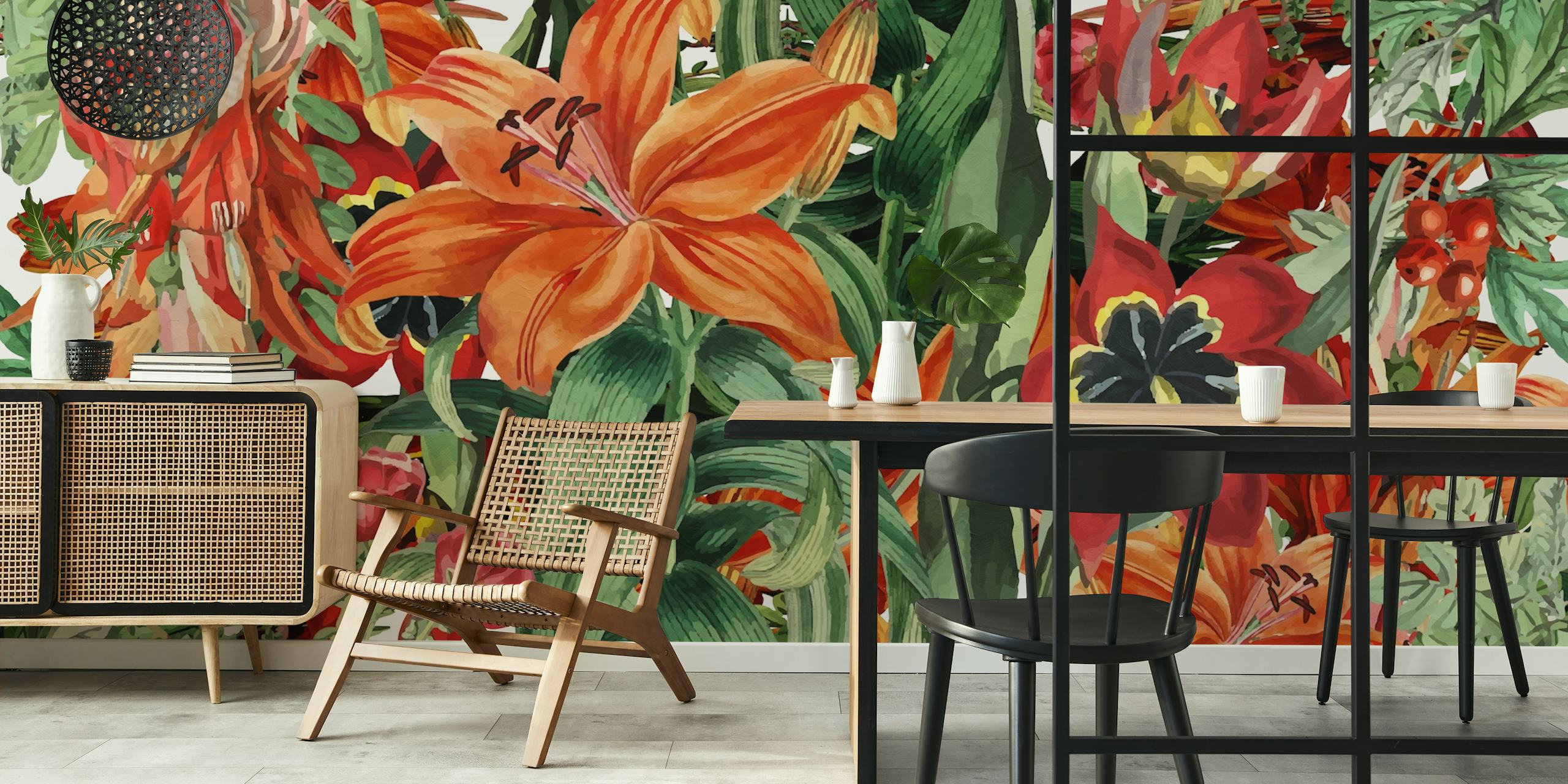 Colorful orange and green floral design wallpaper
