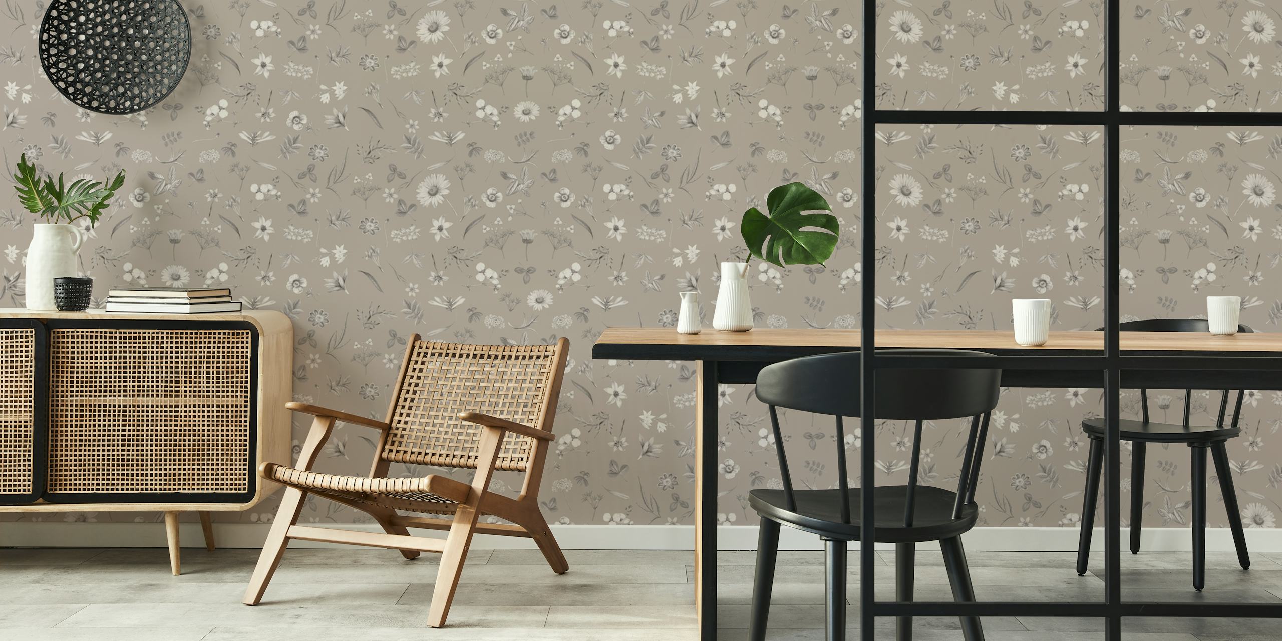 Floral gray wallpaper in a room setting