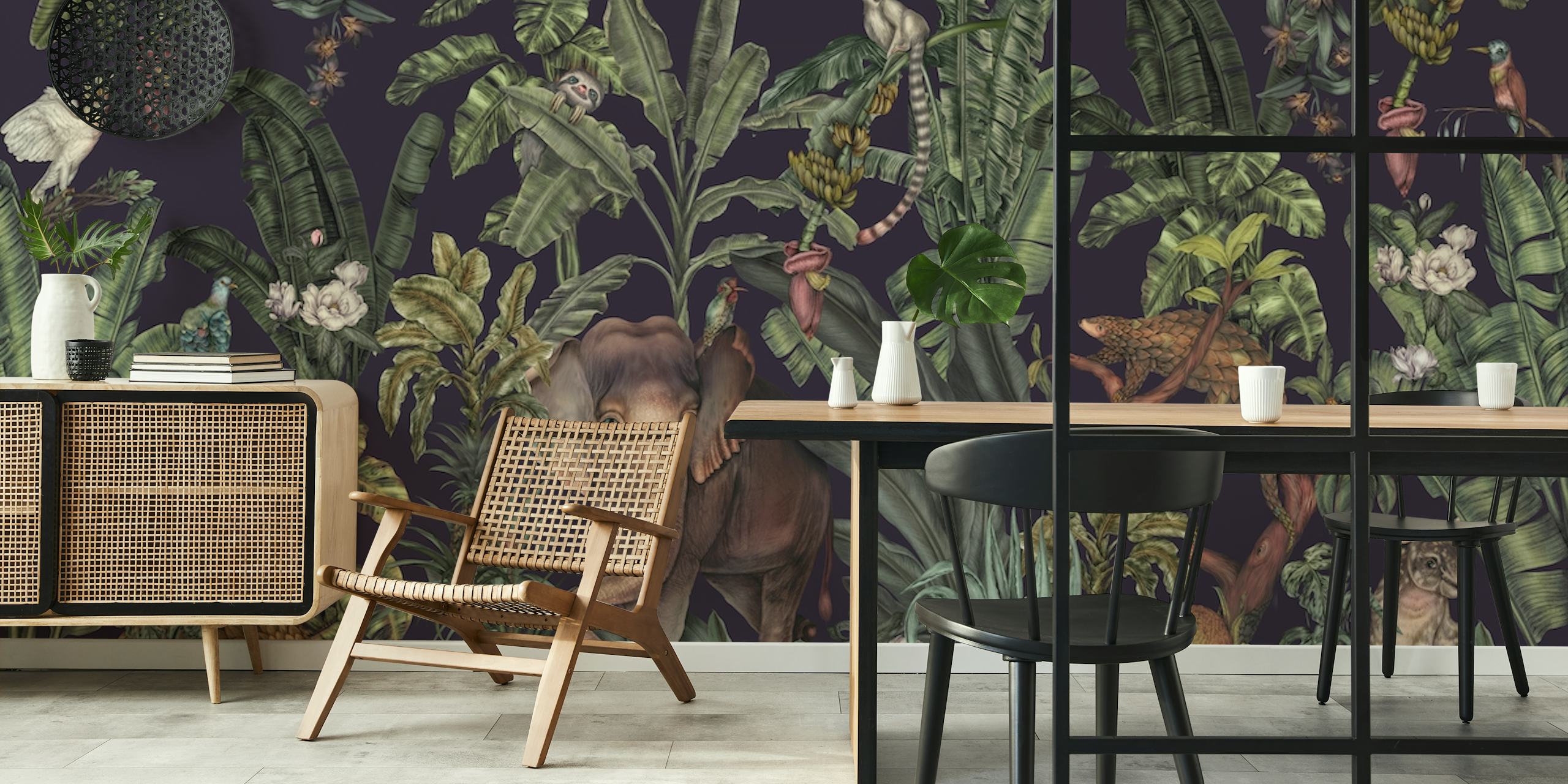 Elephant, tropical plants, and colorful animals wallpaper